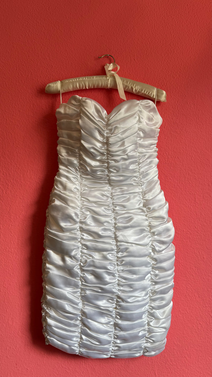 Vintage 1980s Ivory Ruched Satin Bodycon Dress