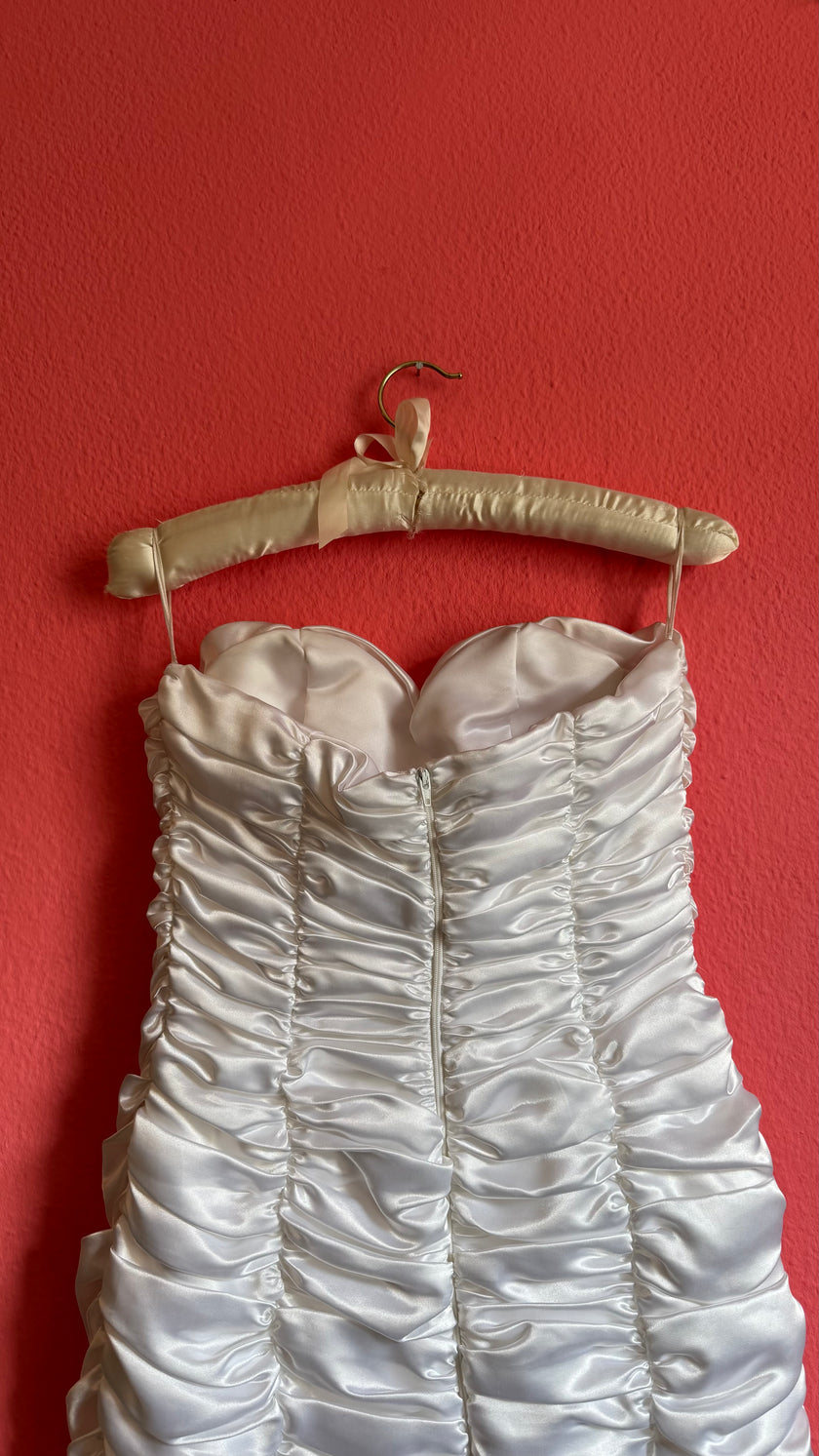 Vintage 1980s Ivory Ruched Satin Bodycon Dress