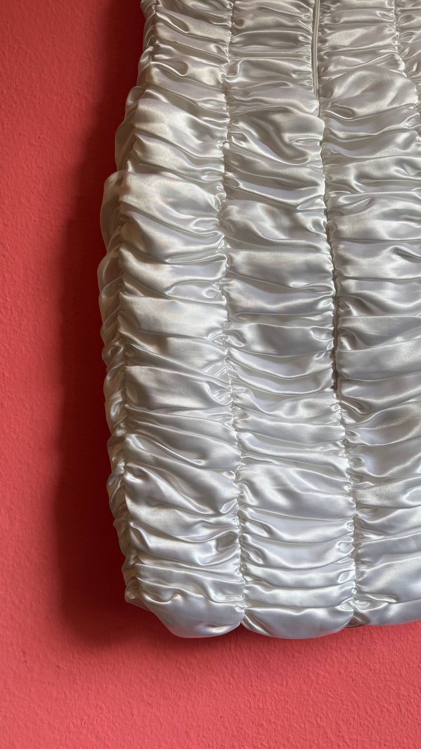 Vintage 1980s Ivory Ruched Satin Bodycon Dress