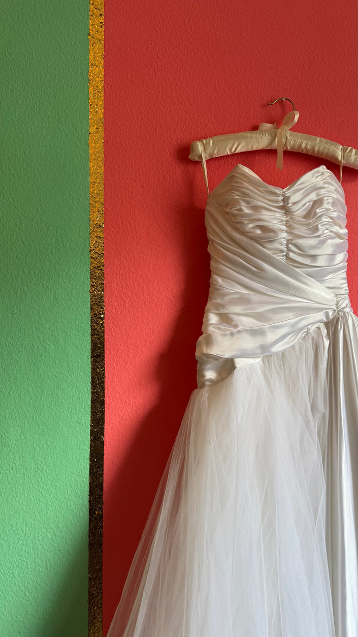 Vintage 1980s Ivory Satin And Tulle Bridal Gown