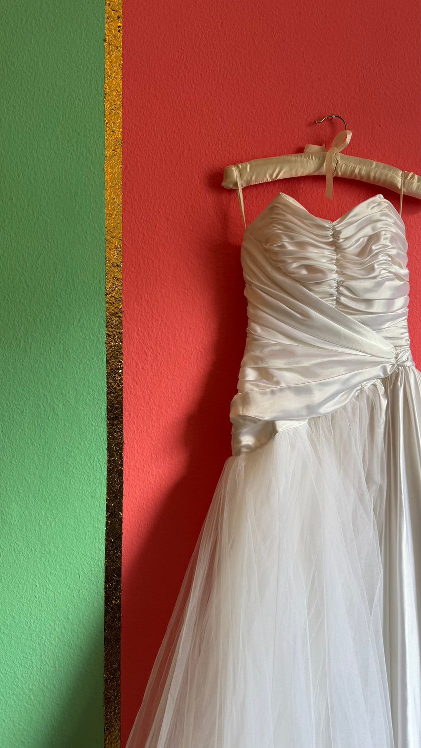 Vintage 1980s Ivory Satin And Tulle Bridal Gown