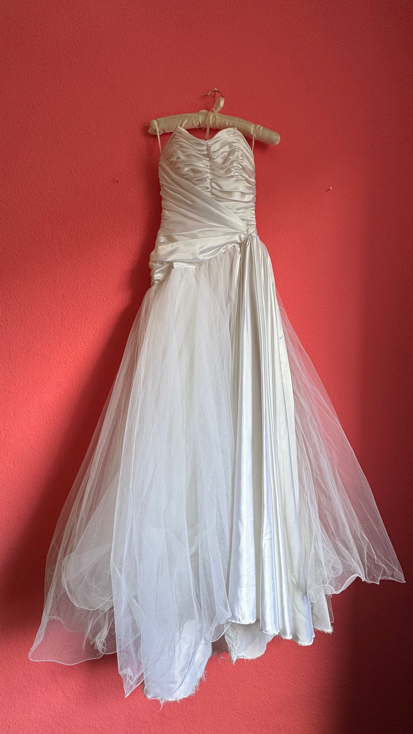 Vintage 1980s Ivory Satin And Tulle Bridal Gown