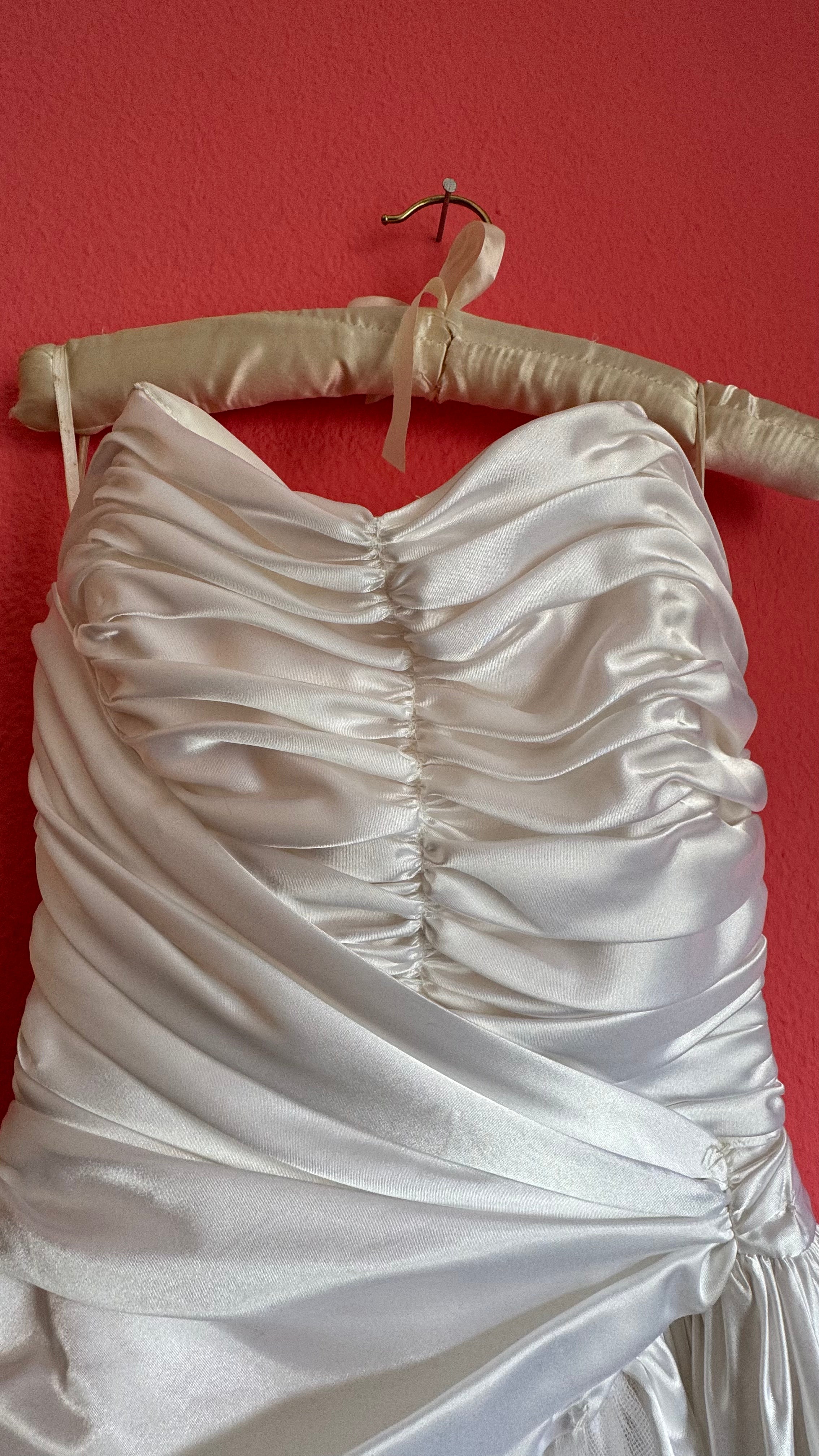 Vintage 1980s Ivory Satin And Tulle Bridal Gown