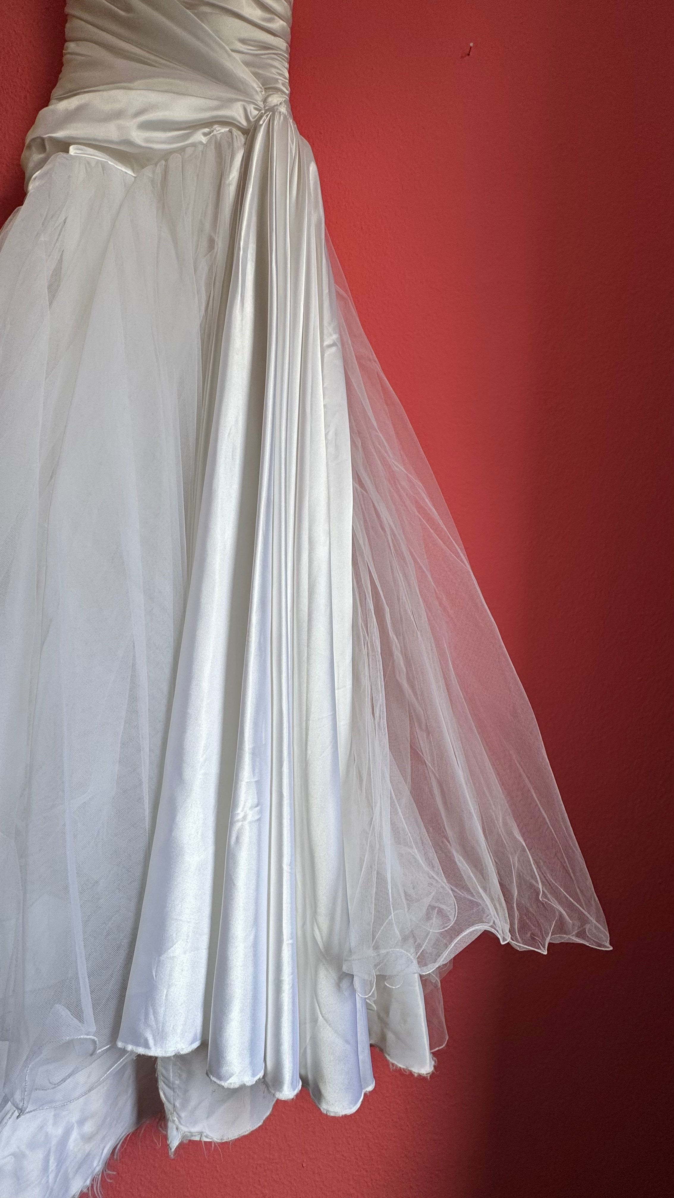 Vintage 1980s Ivory Satin And Tulle Bridal Gown