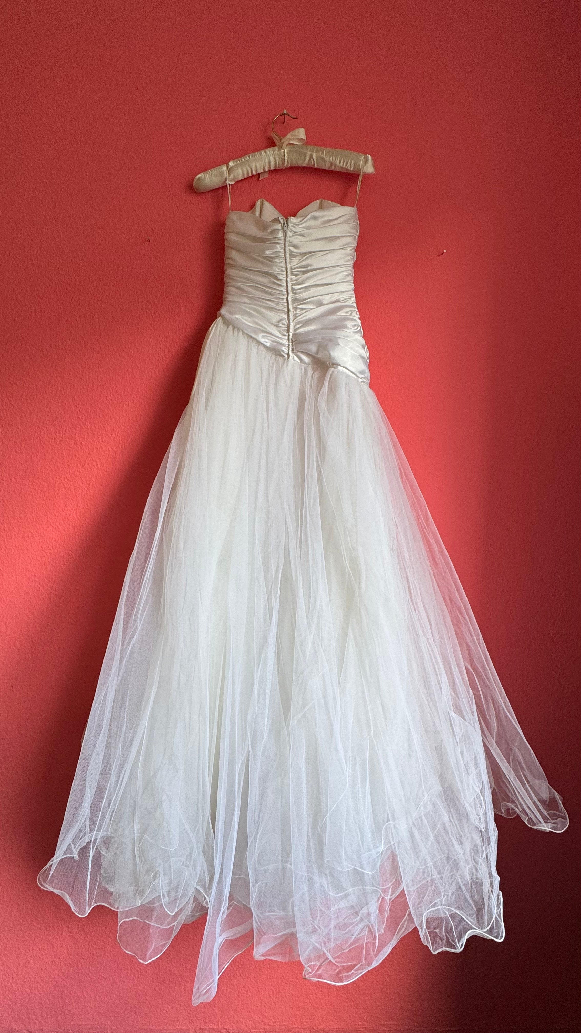 Vintage 1980s Ivory Satin And Tulle Bridal Gown