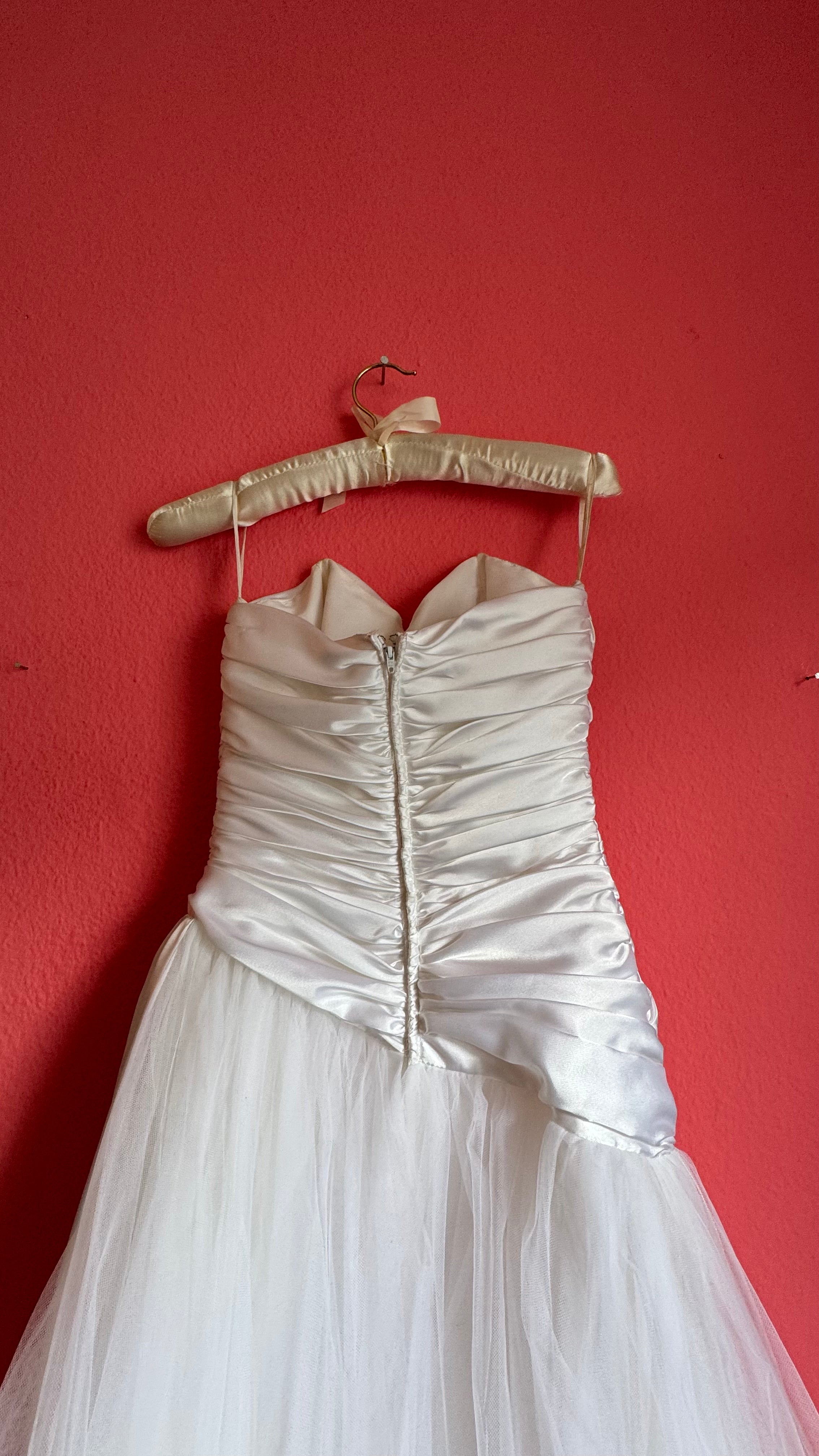 Vintage 1980s Ivory Satin And Tulle Bridal Gown