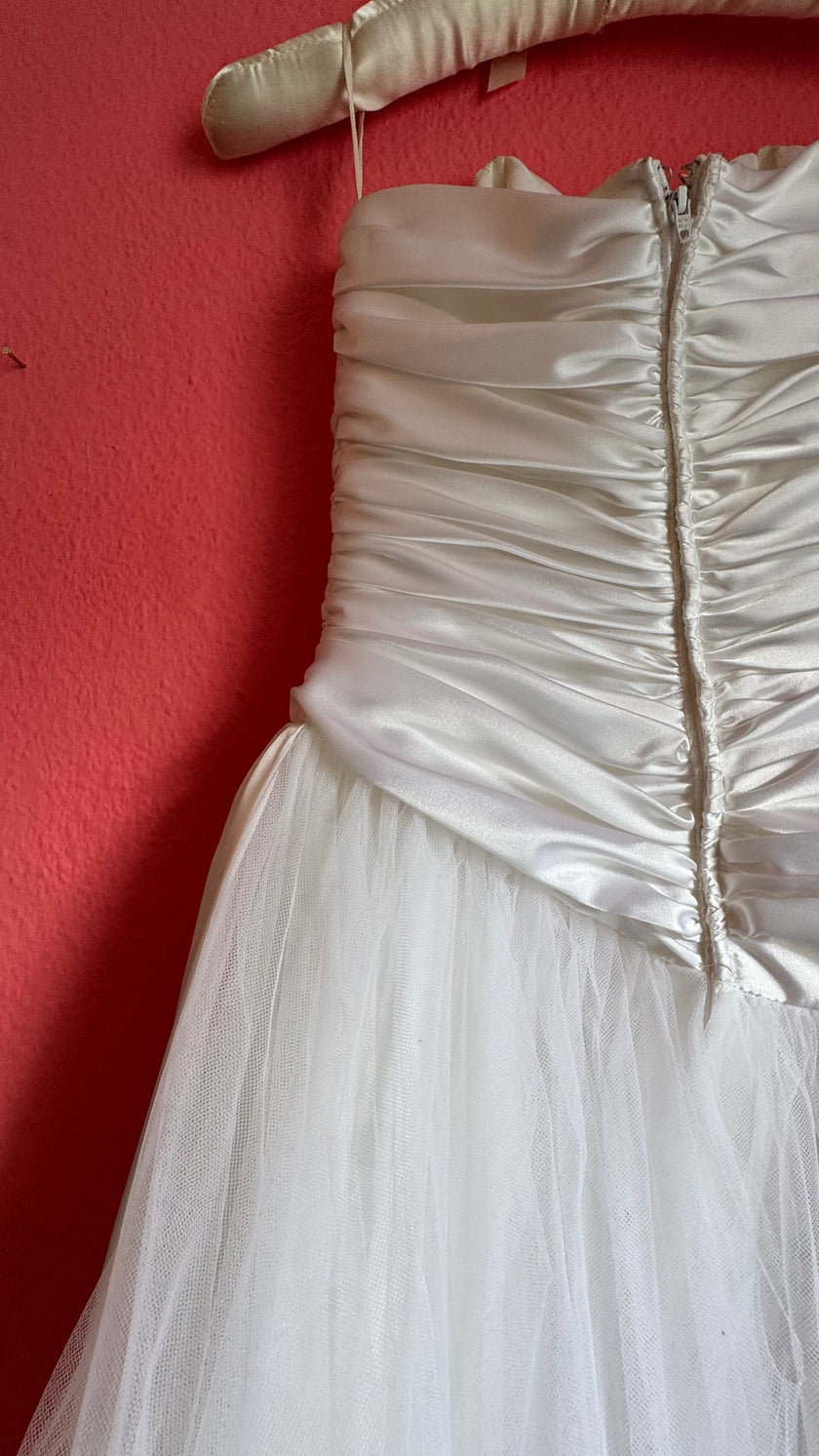 Vintage 1980s Ivory Satin And Tulle Bridal Gown
