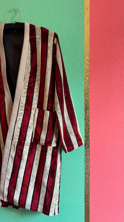 Vintage 1970s Burgundy And Ivory Striped Velvet Robe Coat