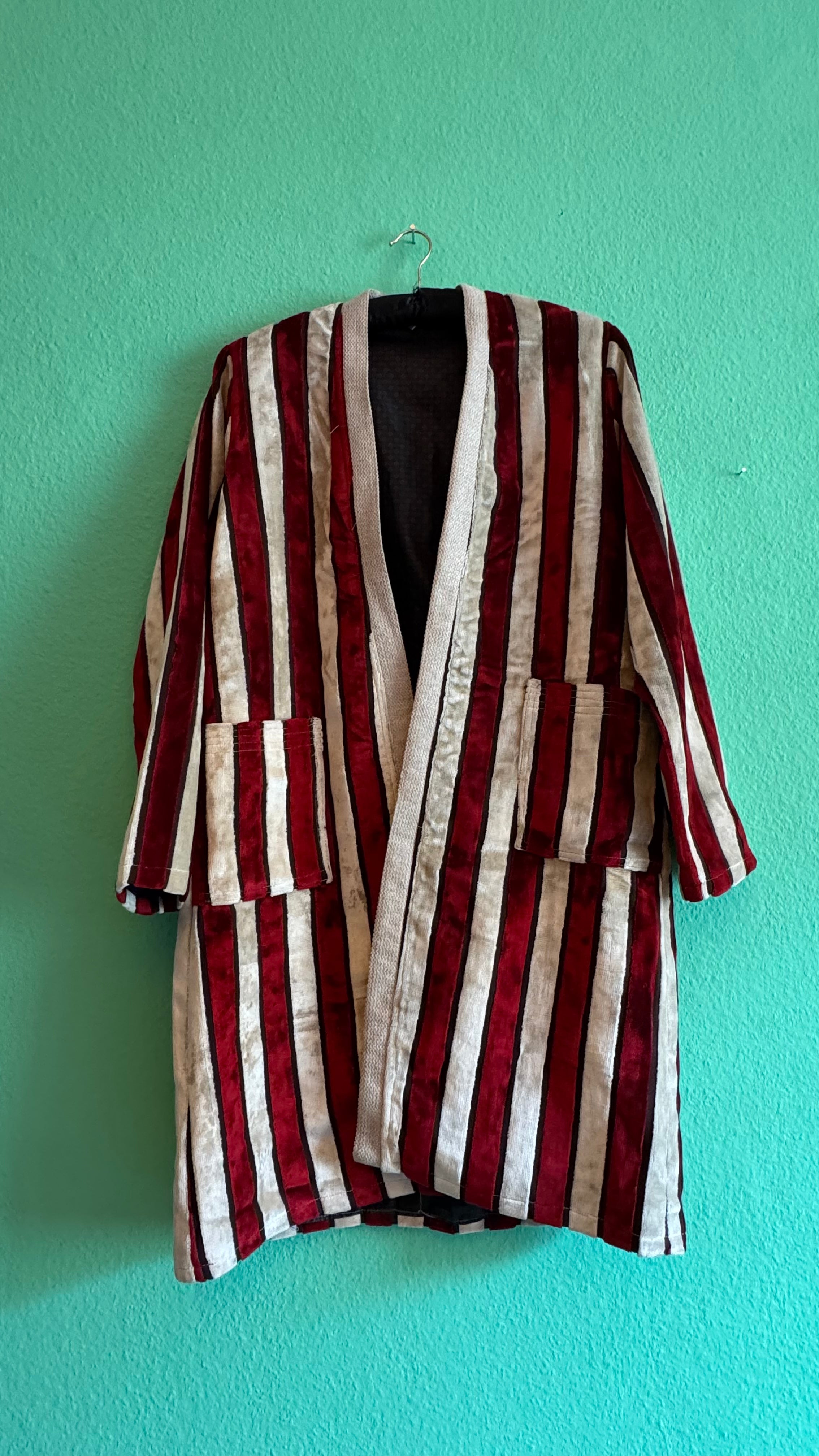 Vintage 1970s Burgundy And Ivory Striped Velvet Robe Coat