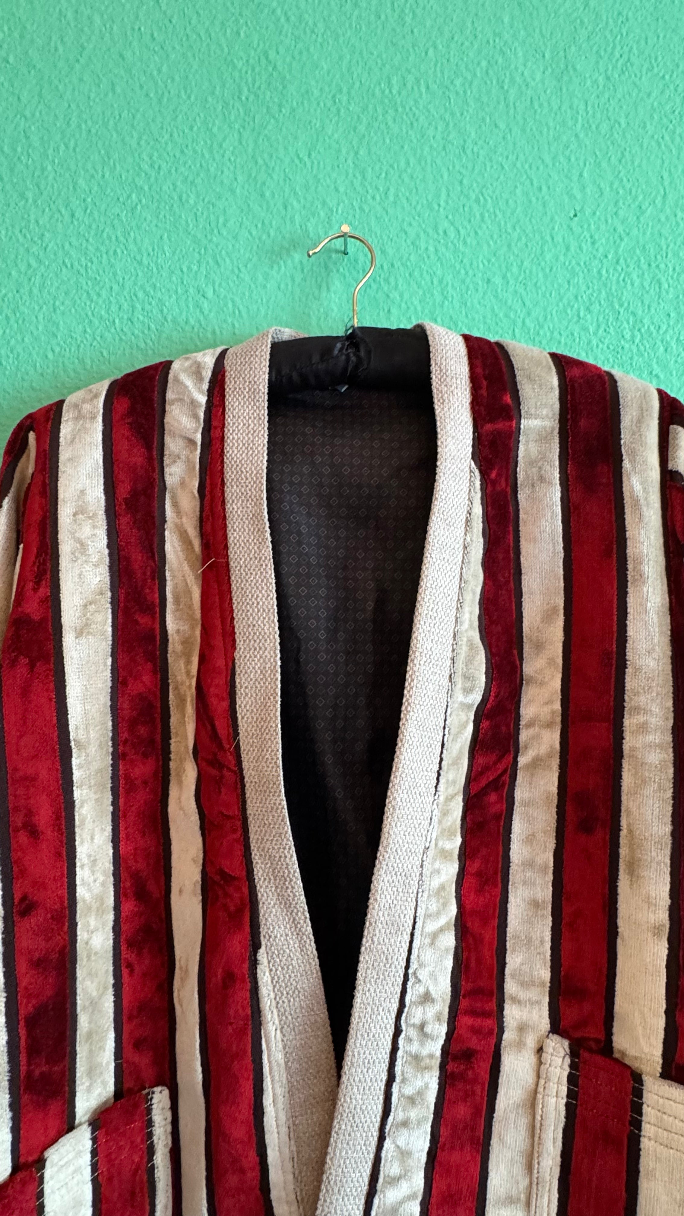 Vintage 1970s Burgundy And Ivory Striped Velvet Robe Coat