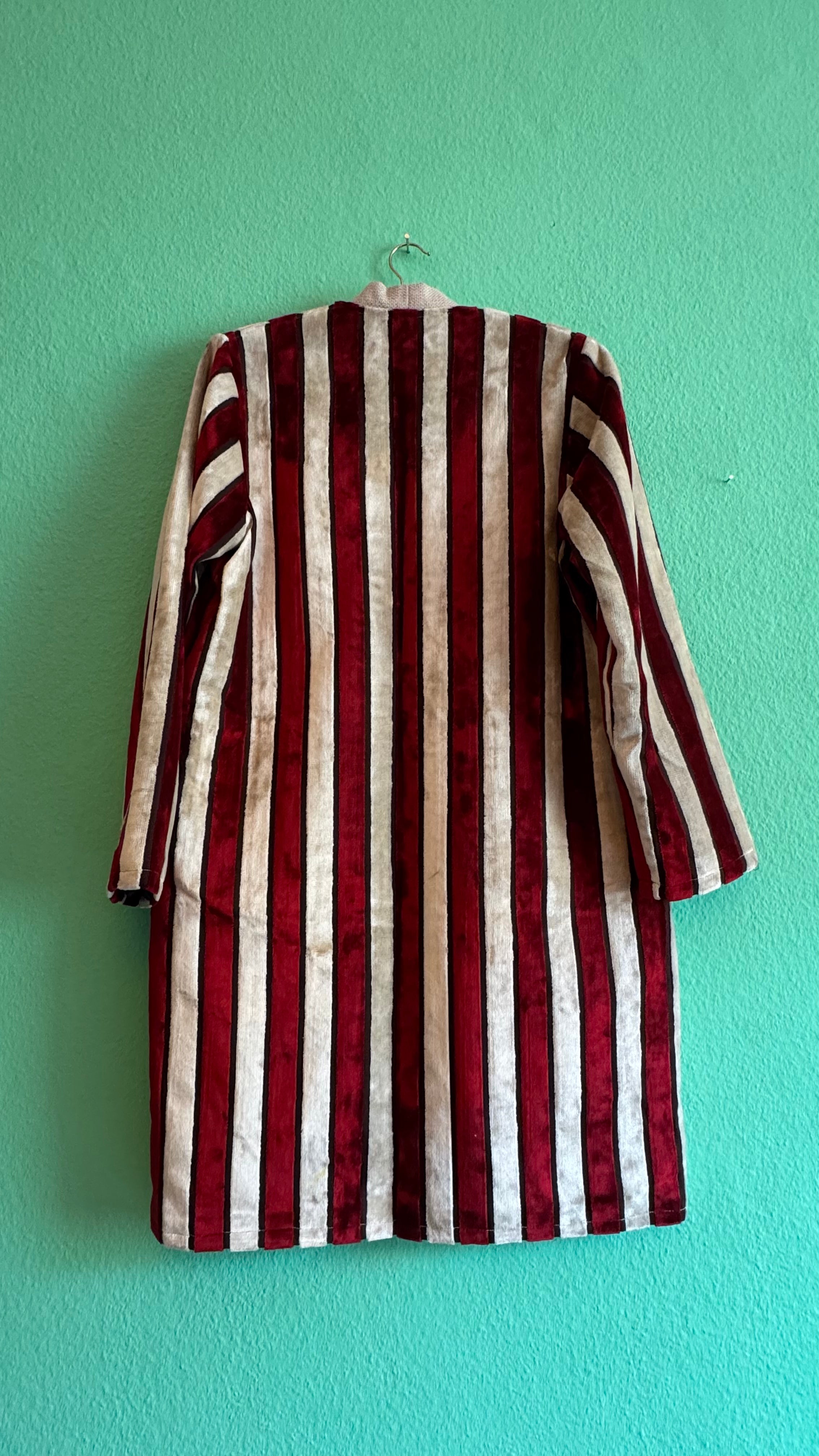 Vintage 1970s Burgundy And Ivory Striped Velvet Robe Coat