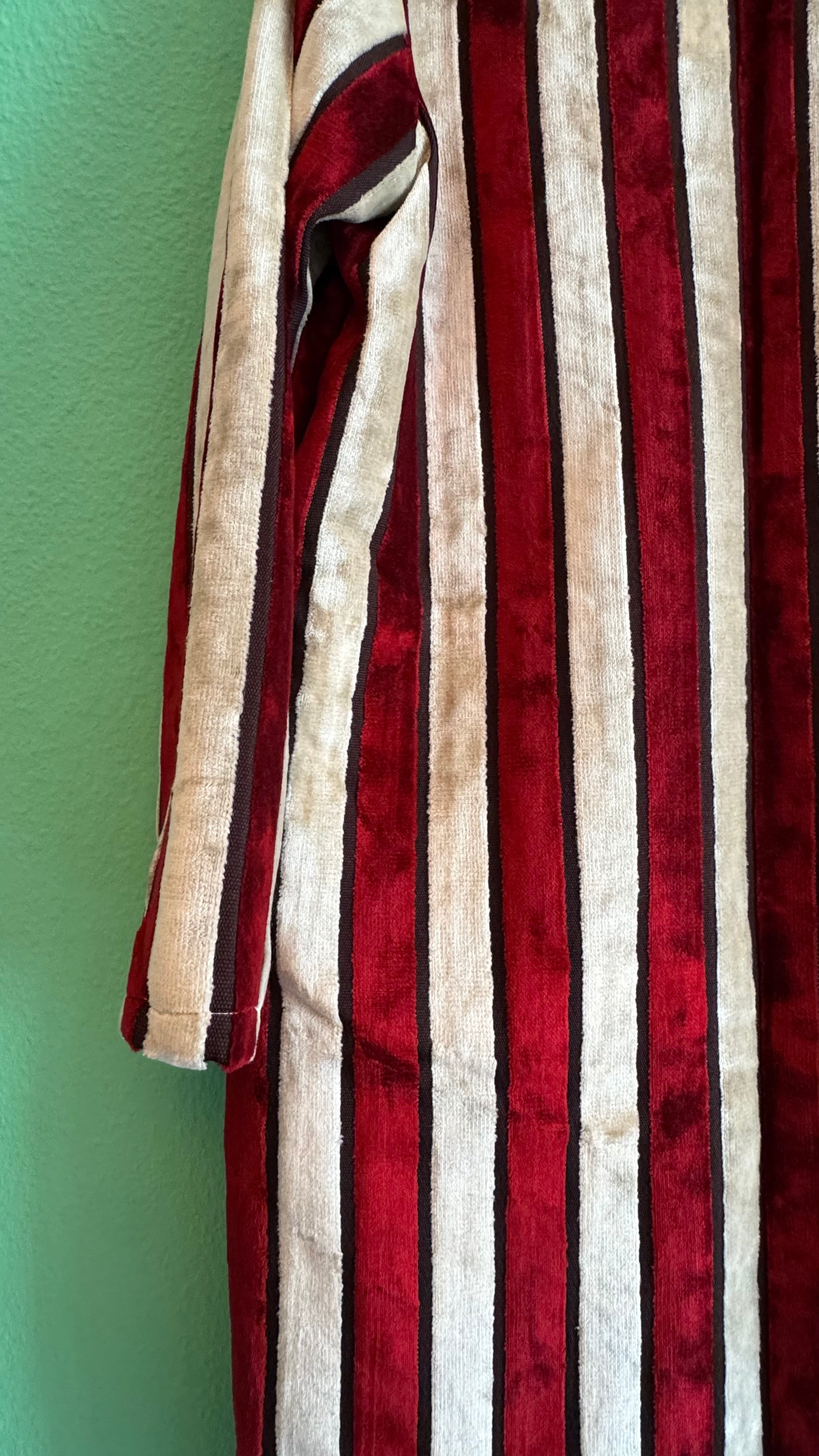 Vintage 1970s Burgundy And Ivory Striped Velvet Robe Coat