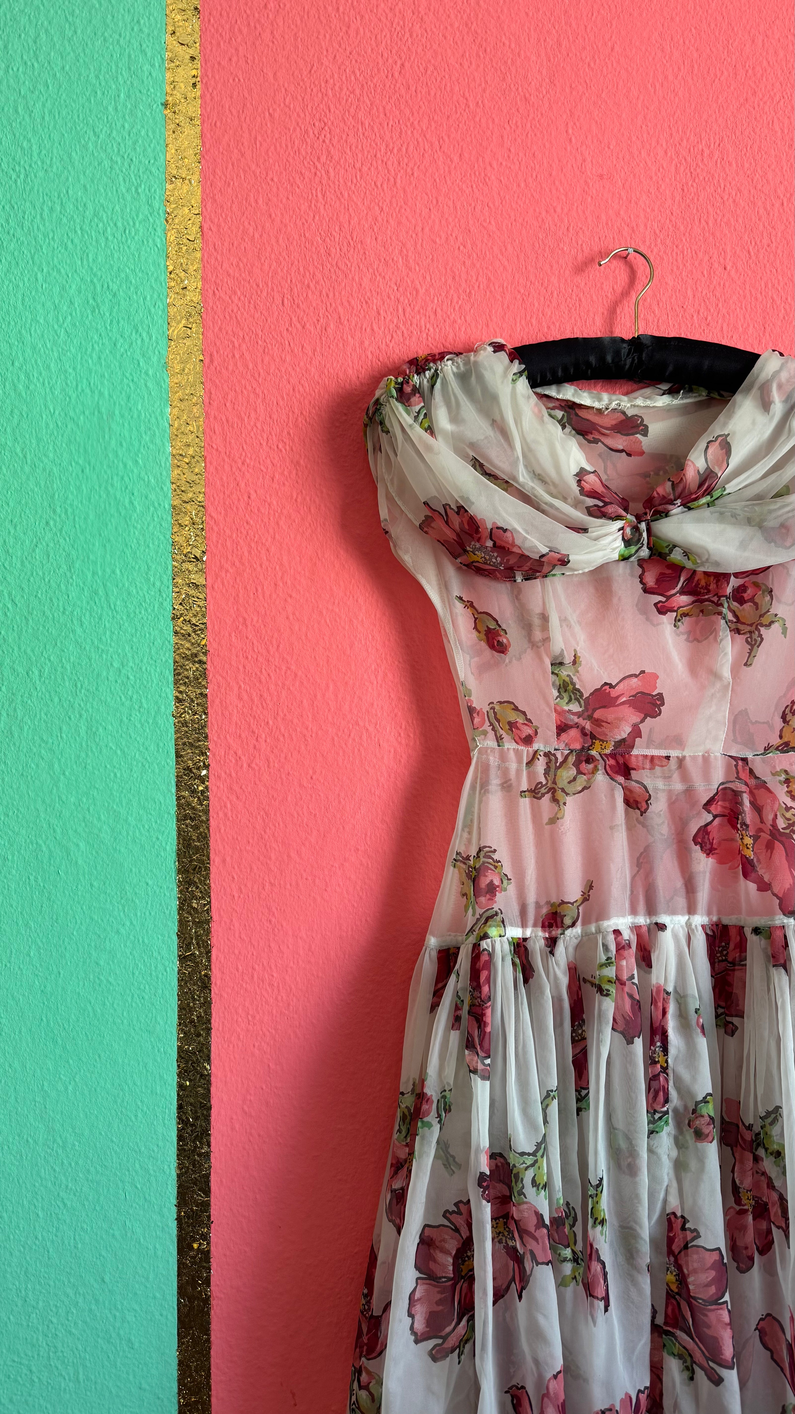 Vintage 1990s Sheer Floral Summer Dress With Draped Collar