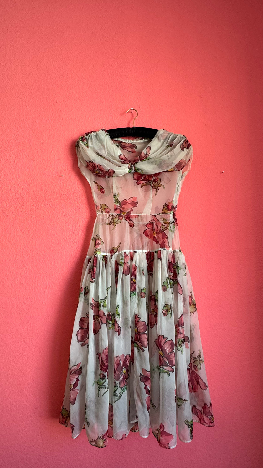 Vintage 1990s Sheer Floral Summer Dress With Draped Collar