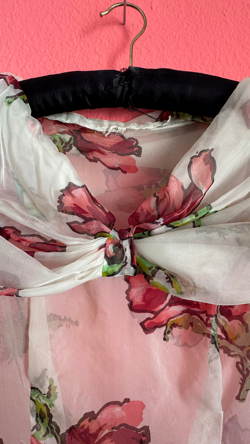 Vintage 1990s Sheer Floral Summer Dress With Draped Collar