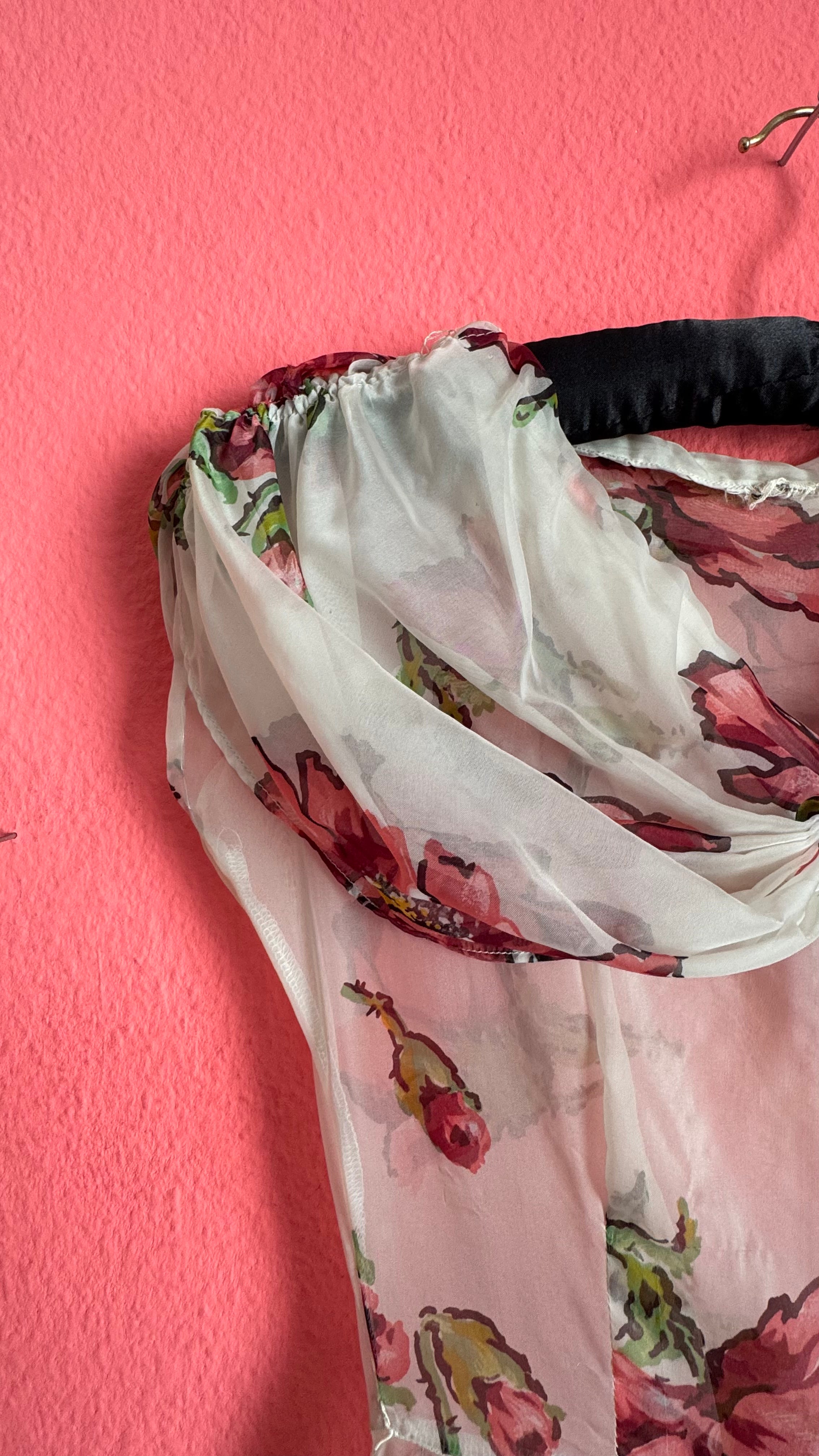 Vintage 1990s Sheer Floral Summer Dress With Draped Collar