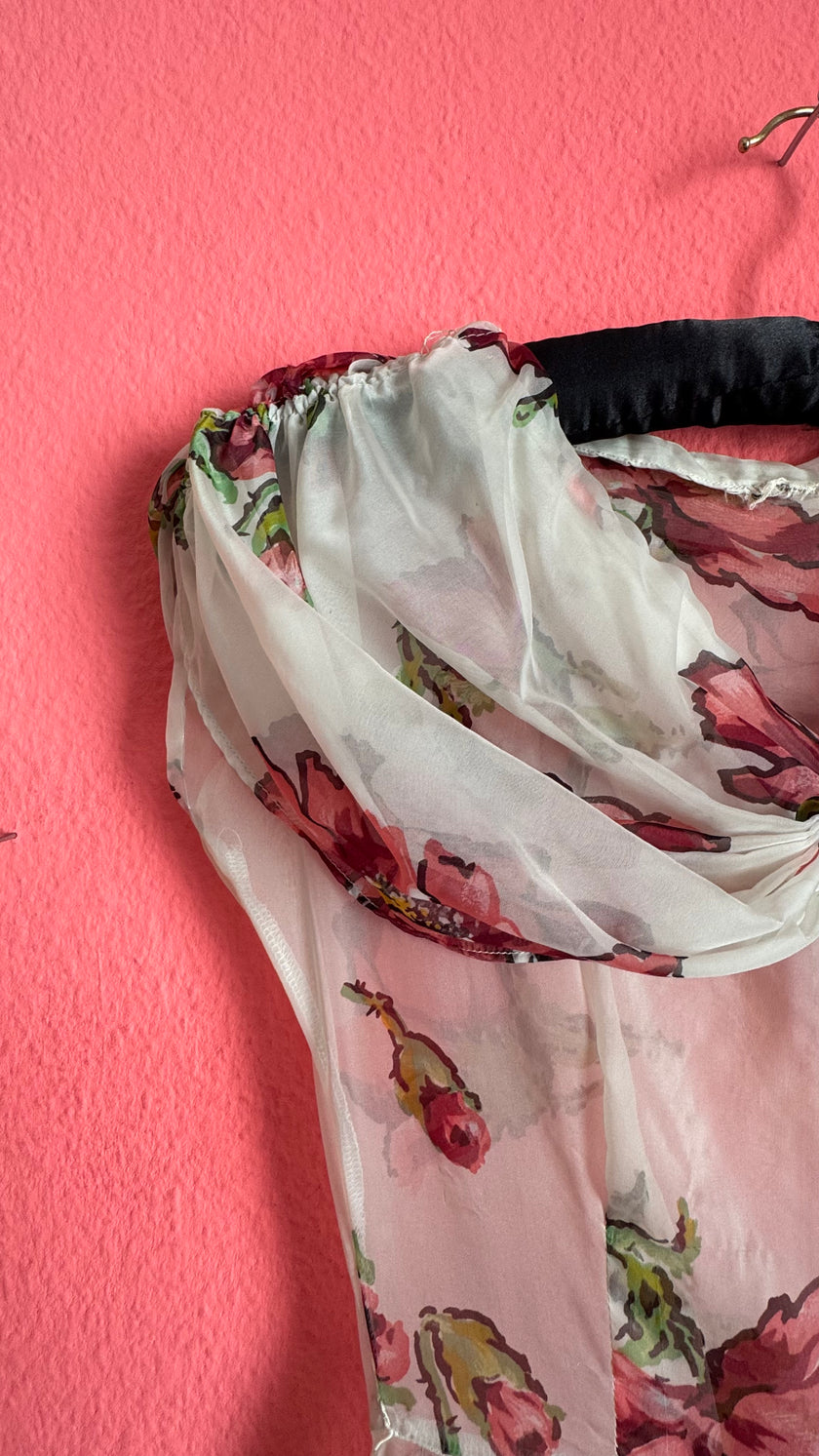 Vintage 1990s Sheer Floral Summer Dress With Draped Collar