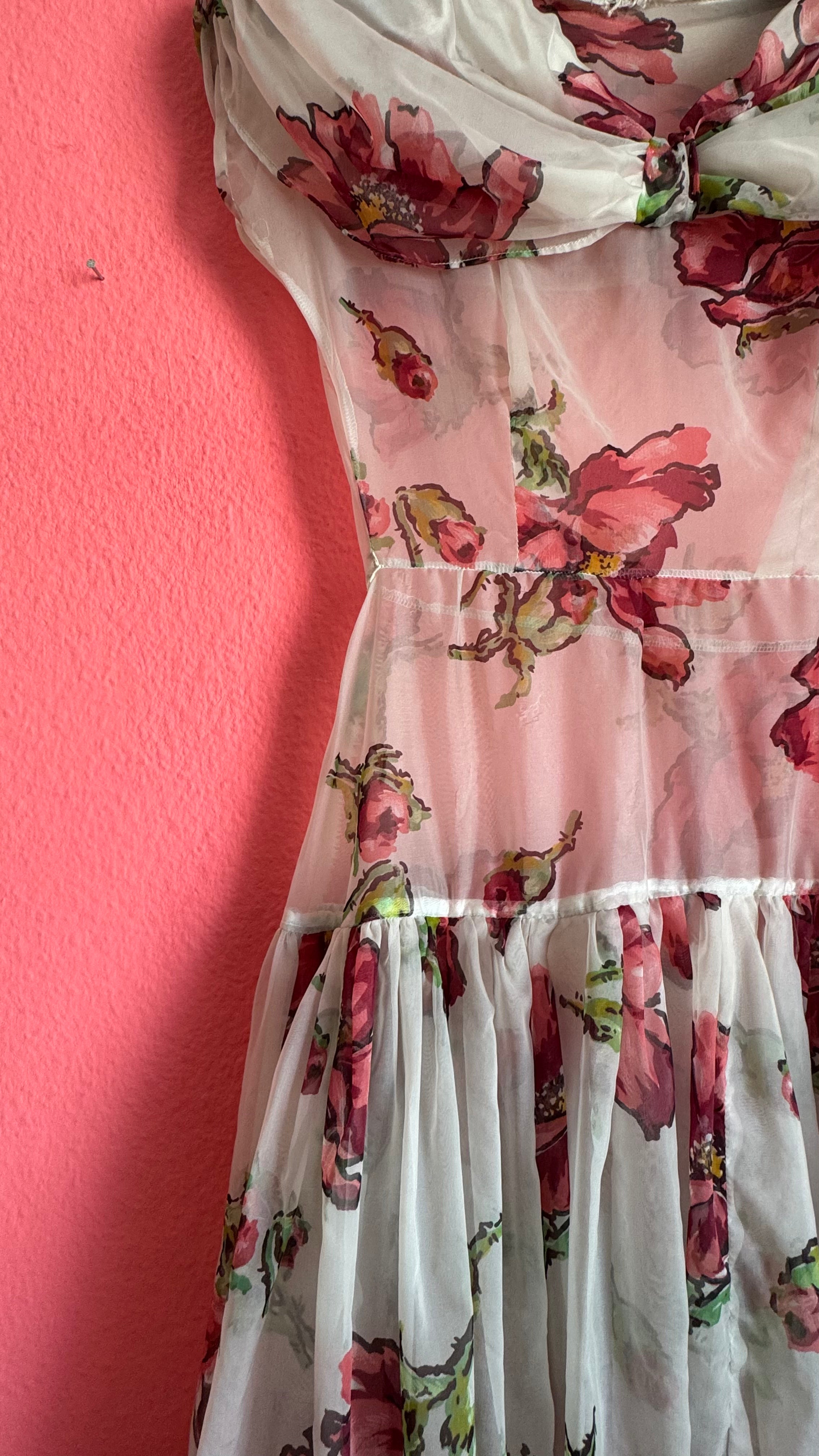 Vintage 1990s Sheer Floral Summer Dress With Draped Collar