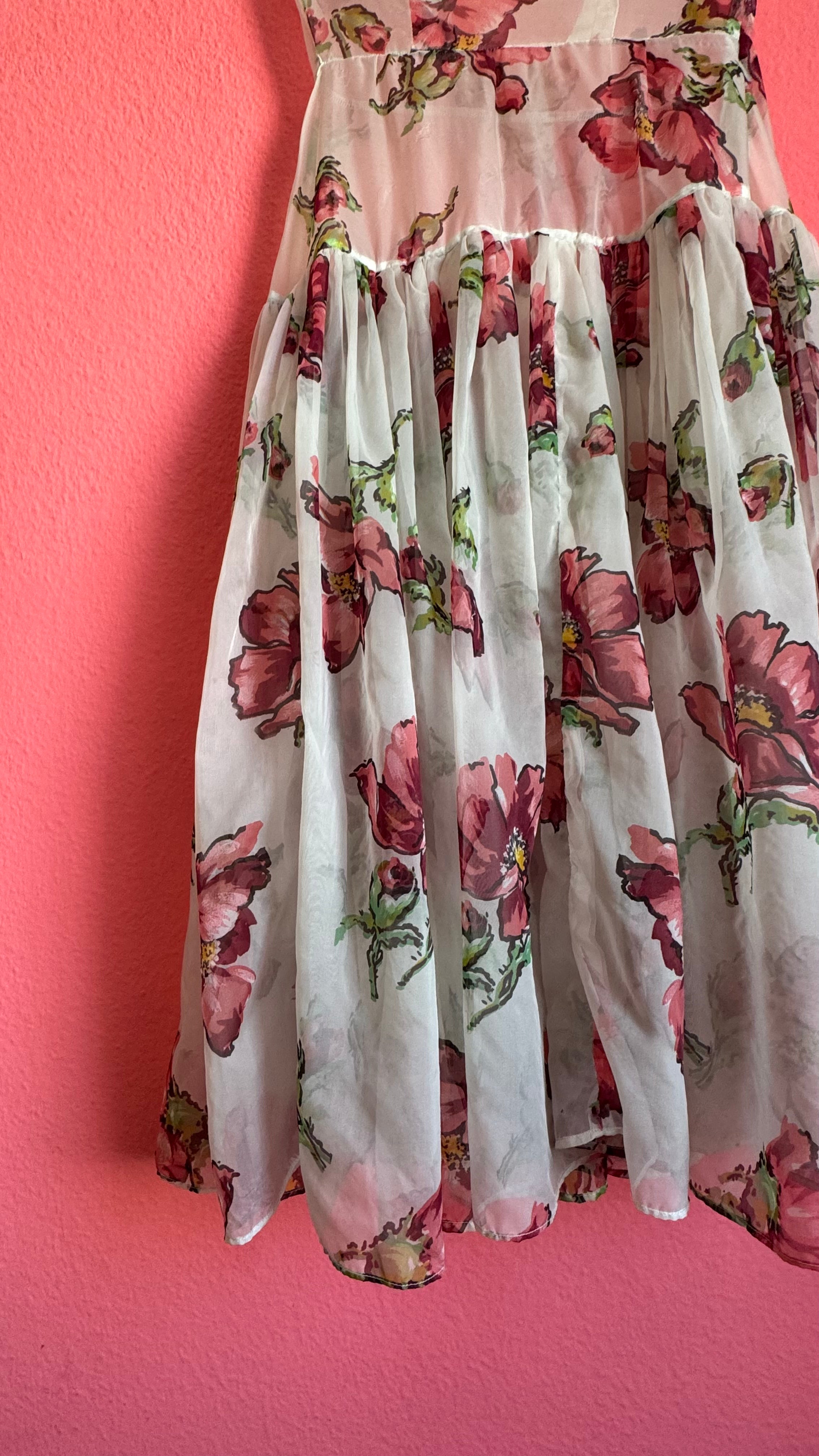 Vintage 1990s Sheer Floral Summer Dress With Draped Collar