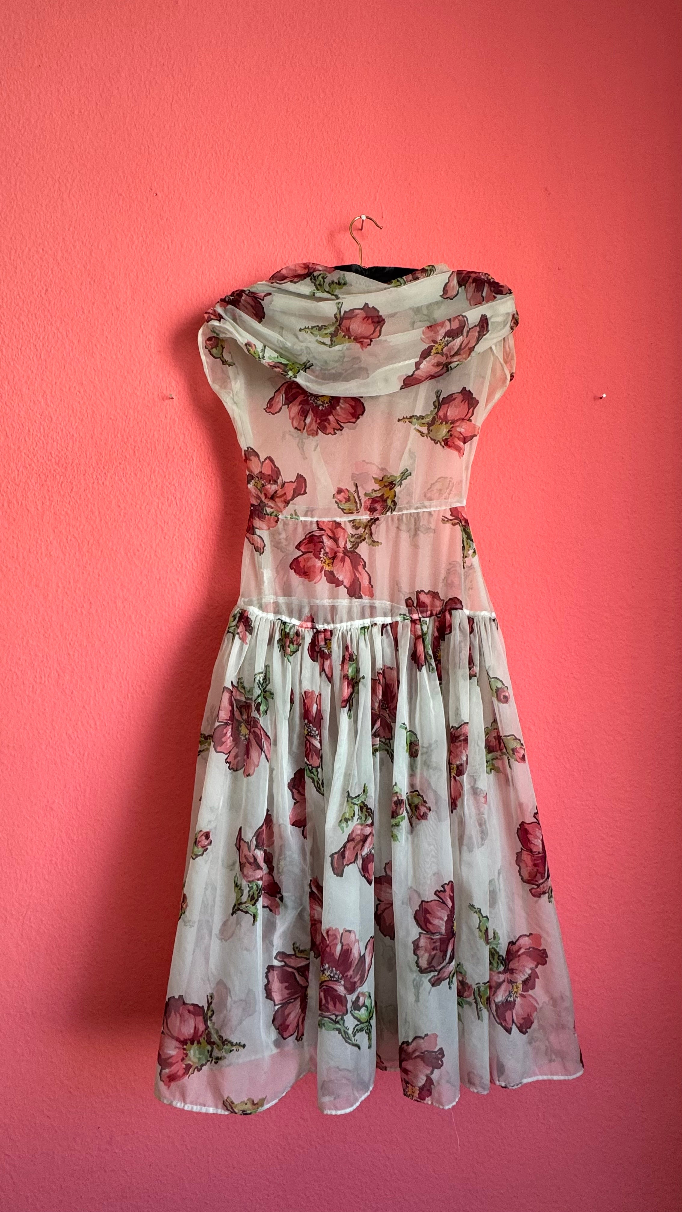 Vintage 1990s Sheer Floral Summer Dress With Draped Collar