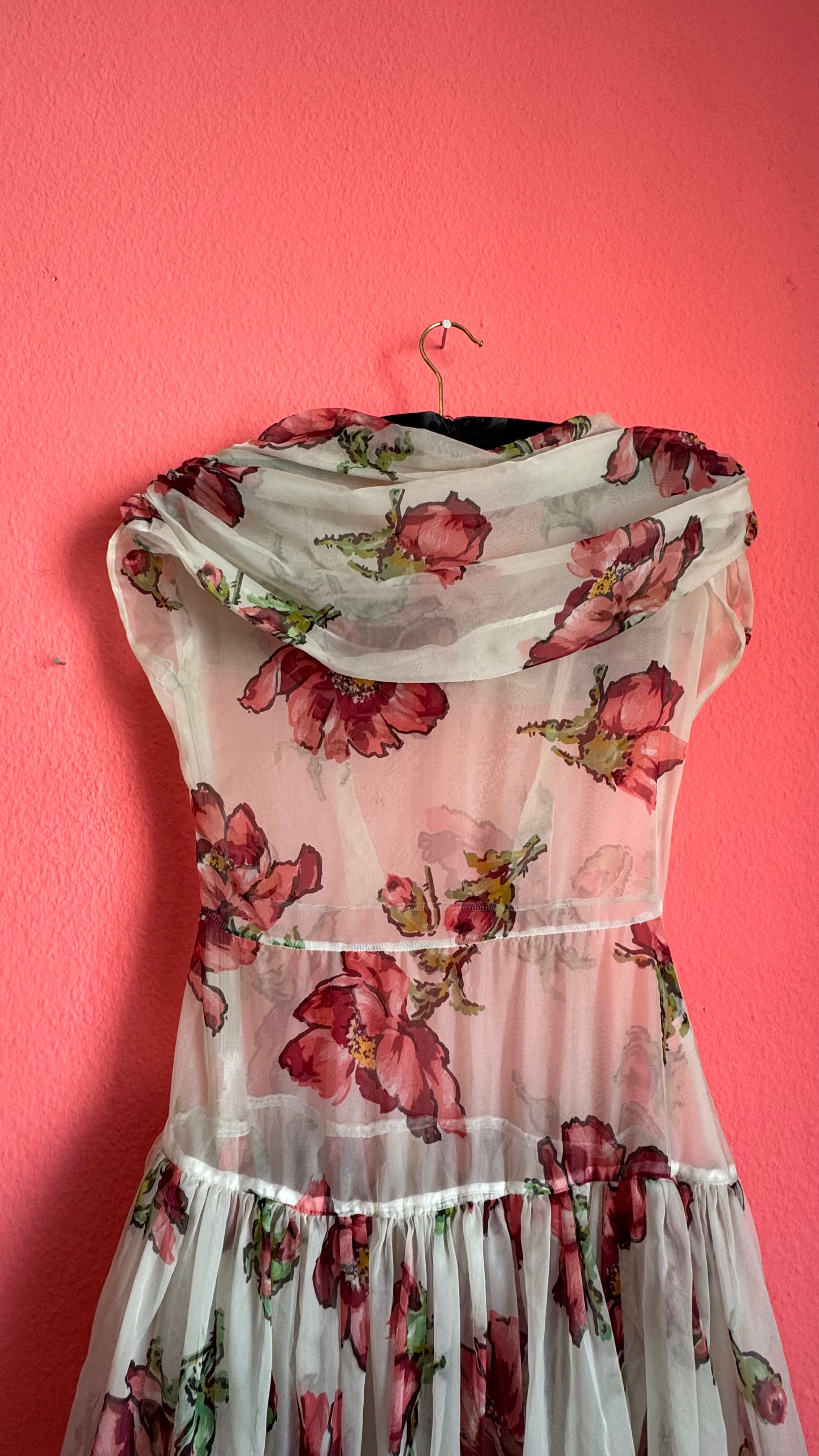 Vintage 1990s Sheer Floral Summer Dress With Draped Collar