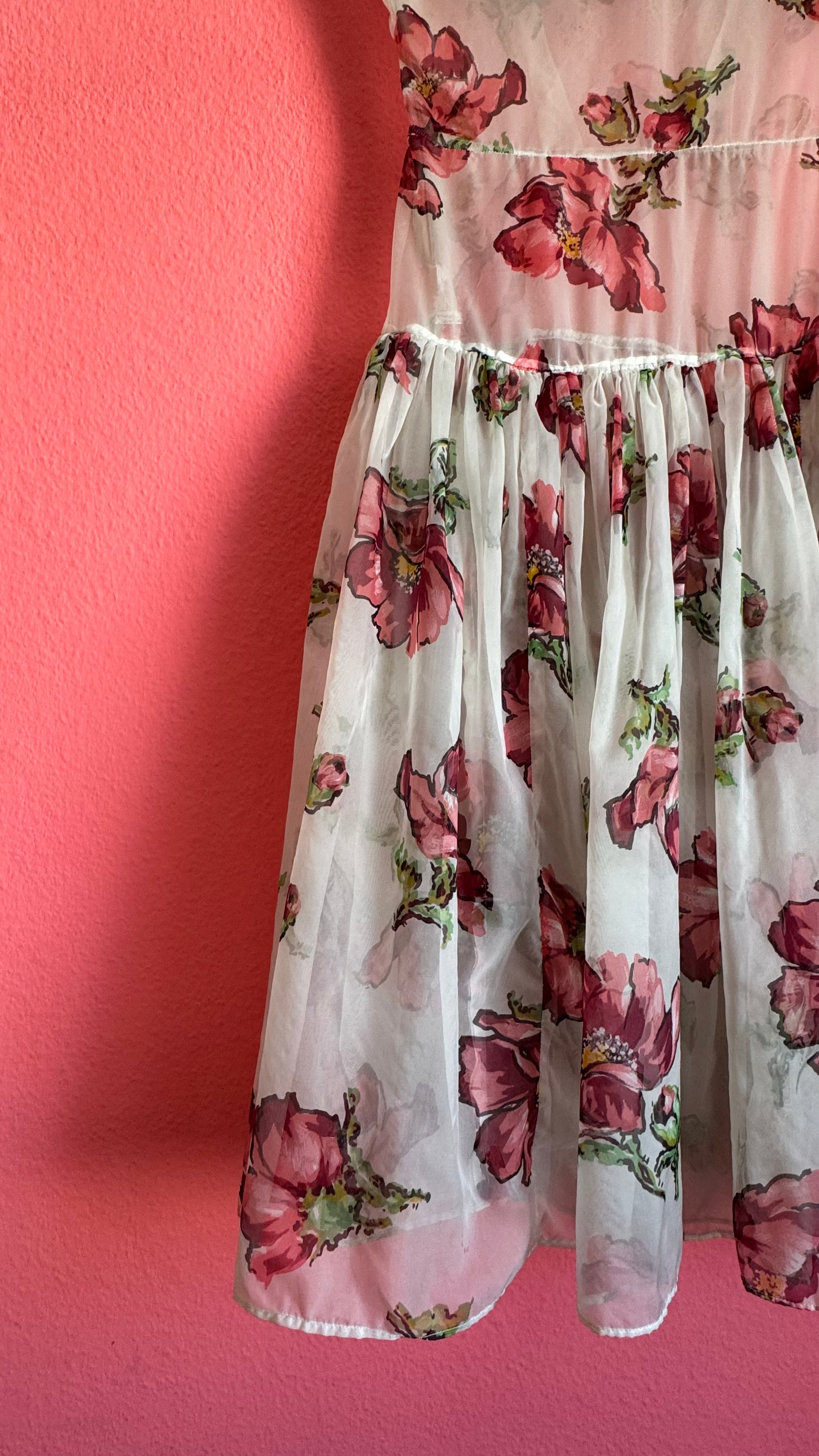 Vintage 1990s Sheer Floral Summer Dress With Draped Collar