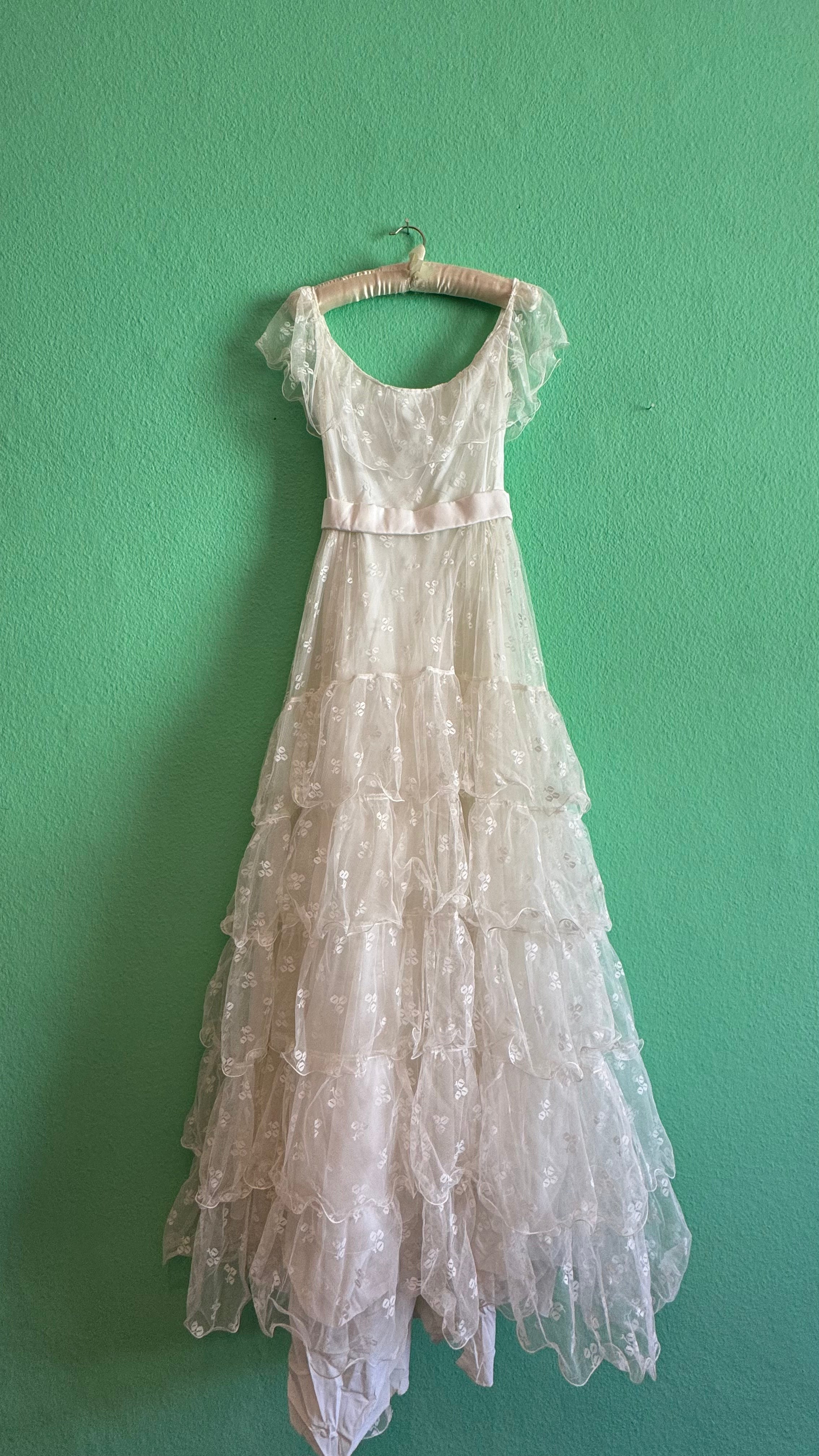 Vintage 1950s Bridal Tulle Dress With Tiered Ruffles