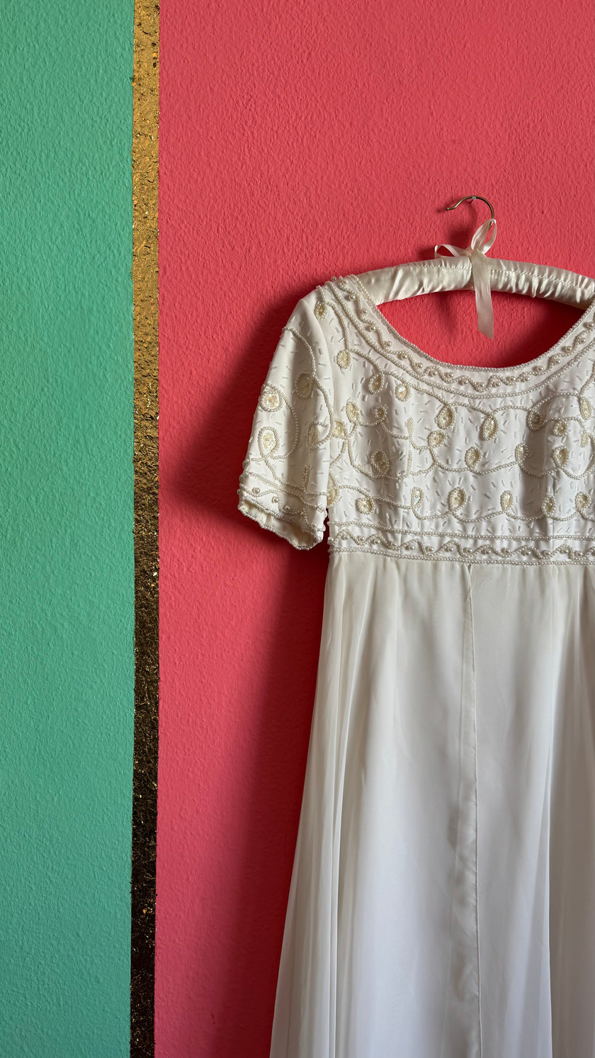 Vintage 1970s Ivory Bridal Dress With Beaded Bodice And Bow Back