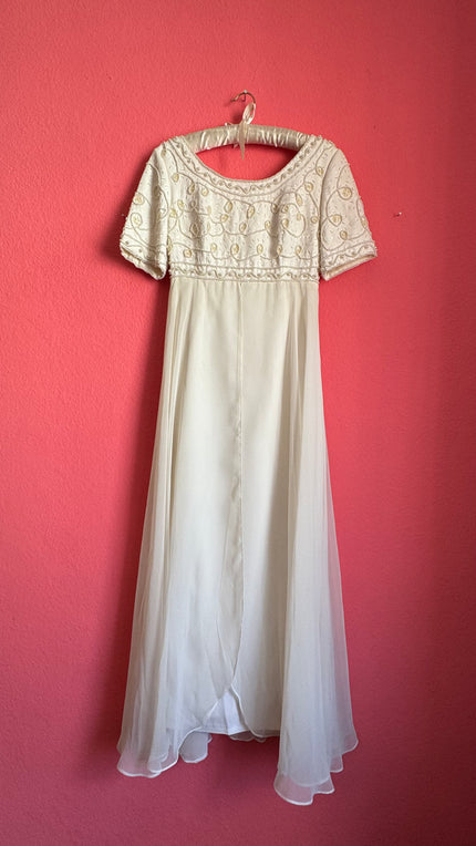 Vintage 1970s Ivory Bridal Dress With Beaded Bodice And Bow Back