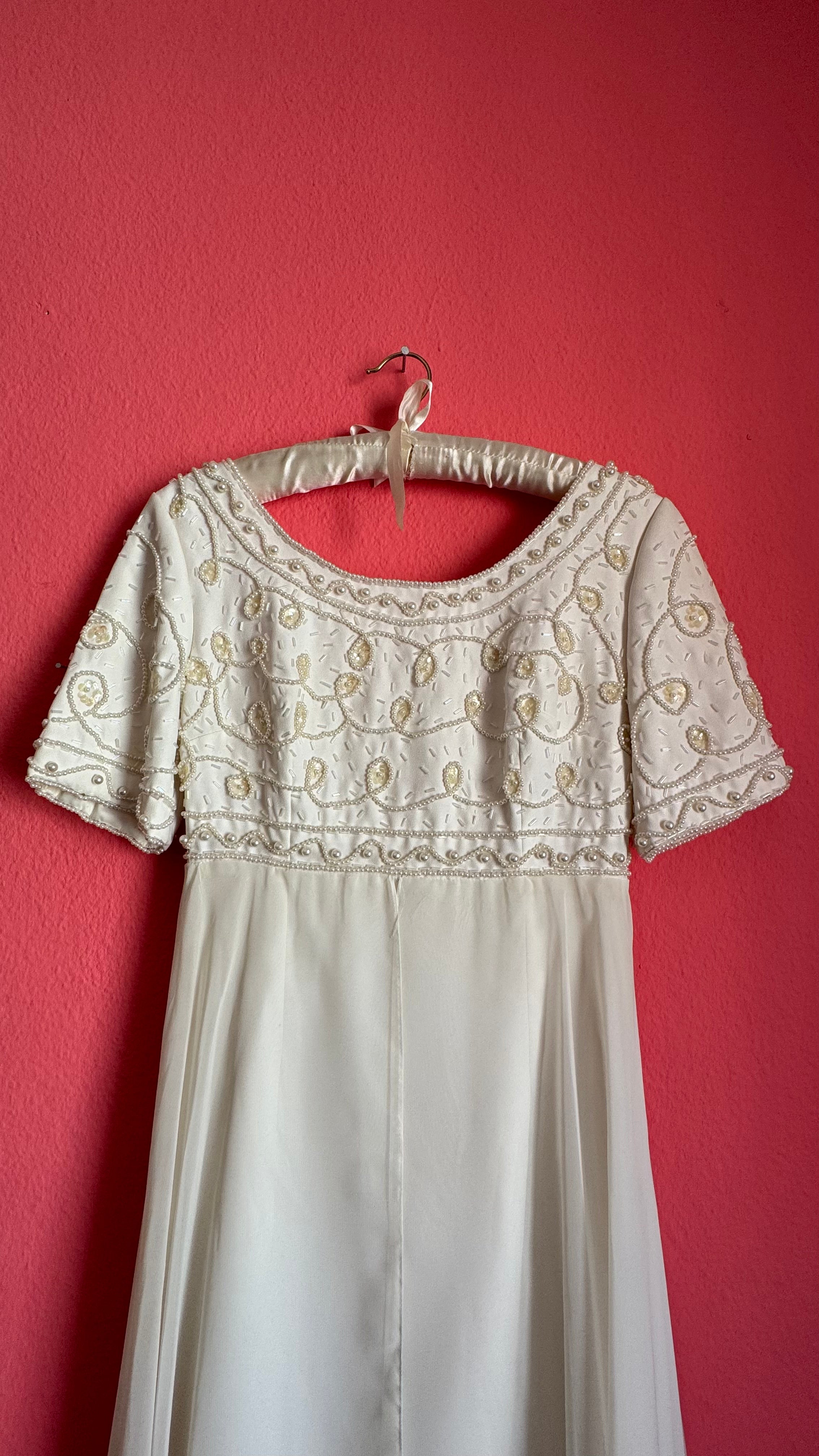 Vintage 1970s Ivory Bridal Dress With Beaded Bodice And Bow Back