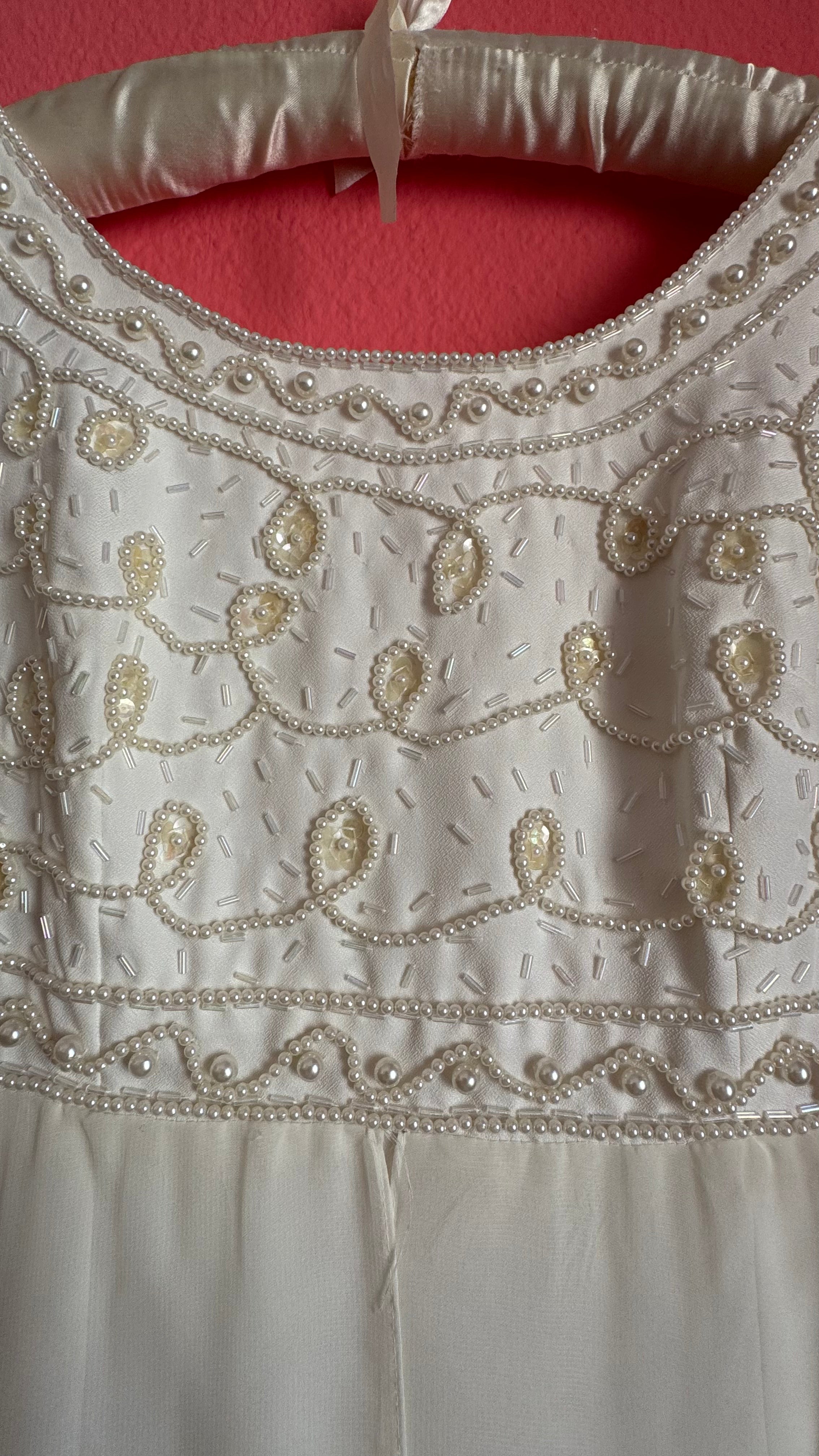 Vintage 1970s Ivory Bridal Dress With Beaded Bodice And Bow Back