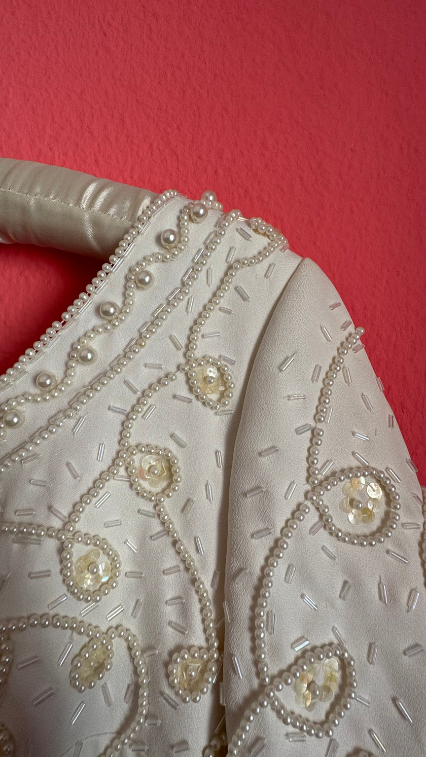 Vintage 1970s Ivory Bridal Dress With Beaded Bodice And Bow Back