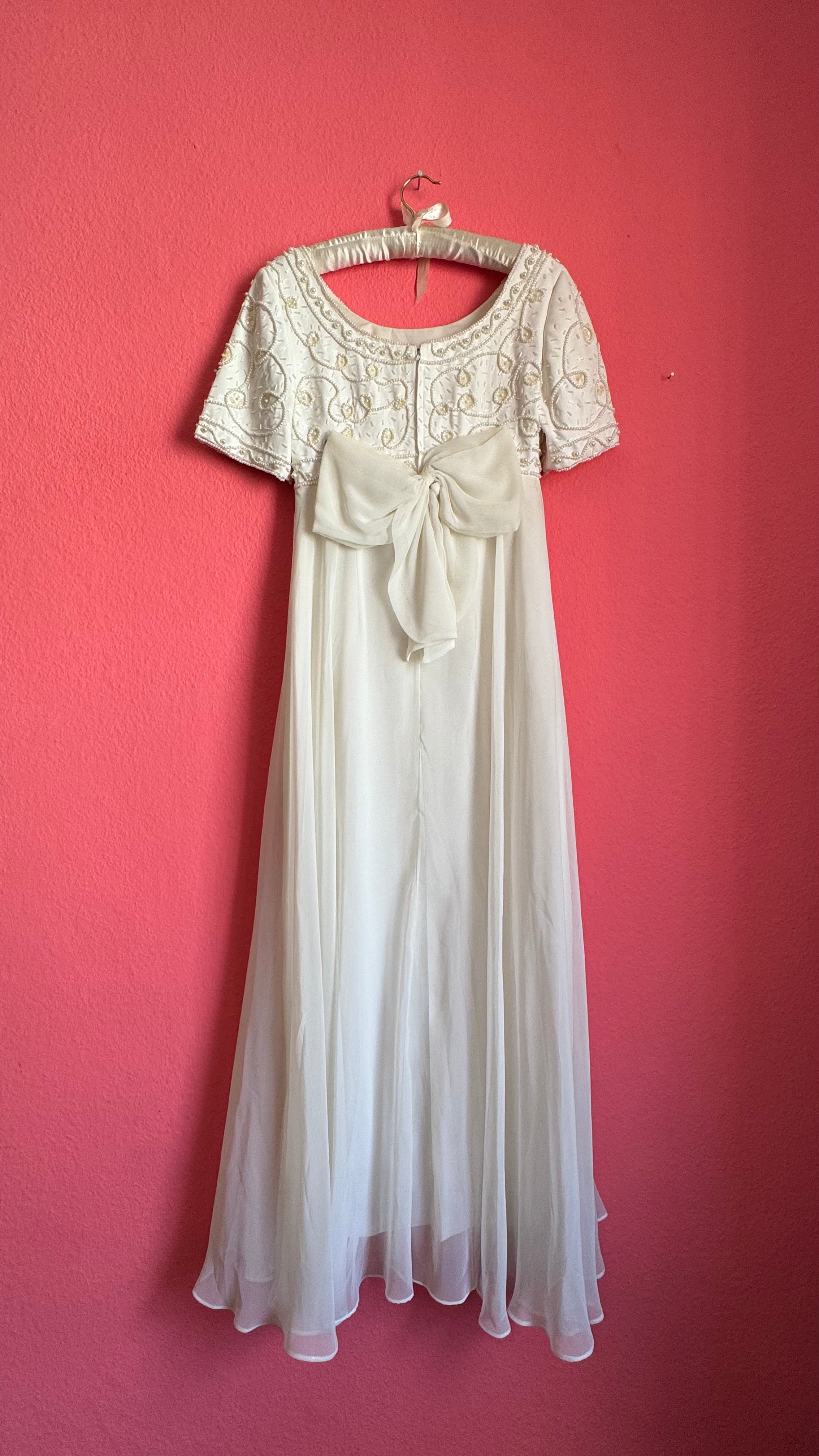 Vintage 1970s Ivory Bridal Dress With Beaded Bodice And Bow Back