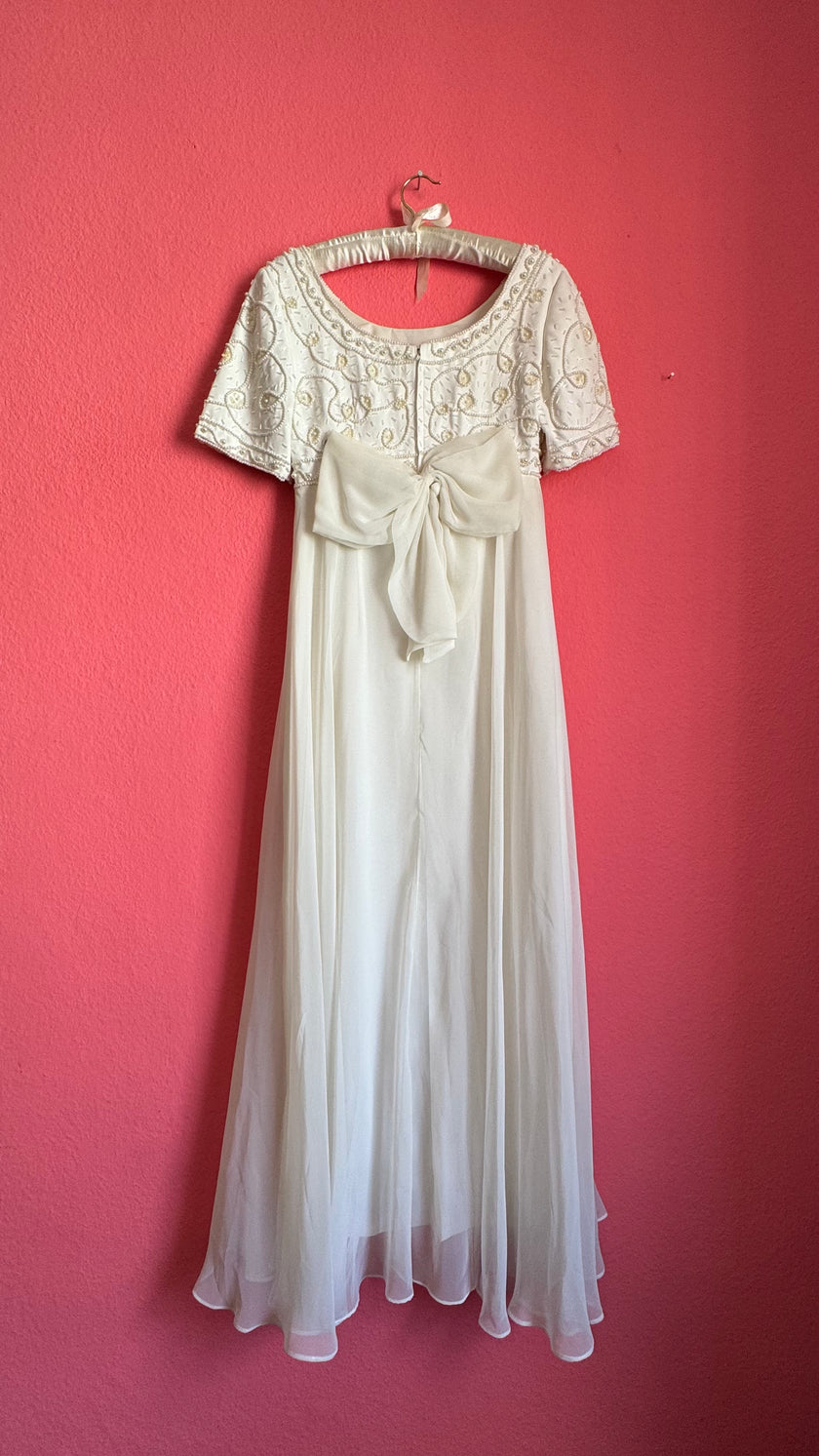 Vintage 1970s Ivory Bridal Dress With Beaded Bodice And Bow Back