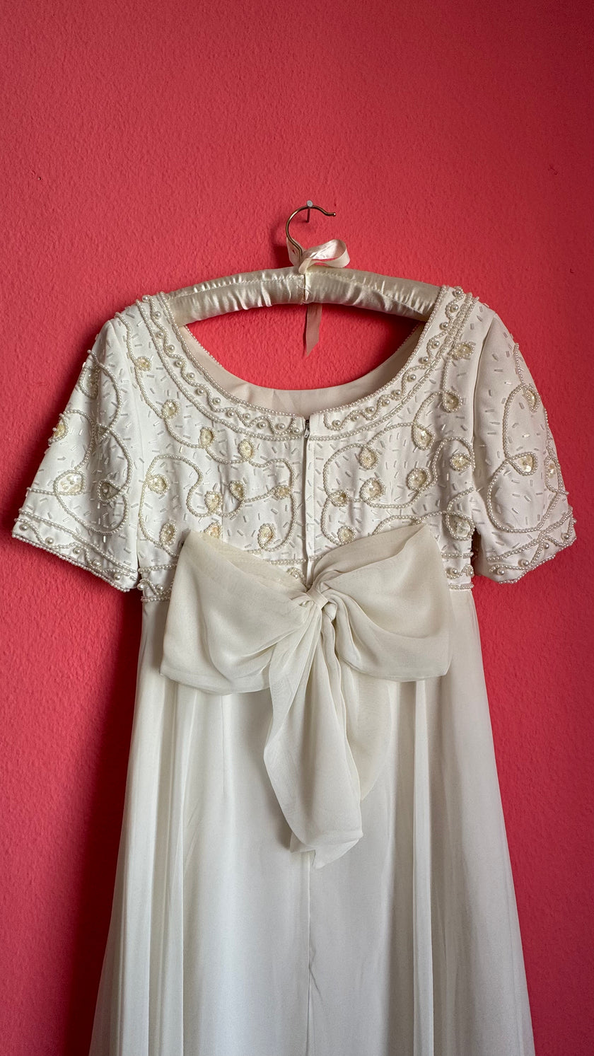 Vintage 1970s Ivory Bridal Dress With Beaded Bodice And Bow Back