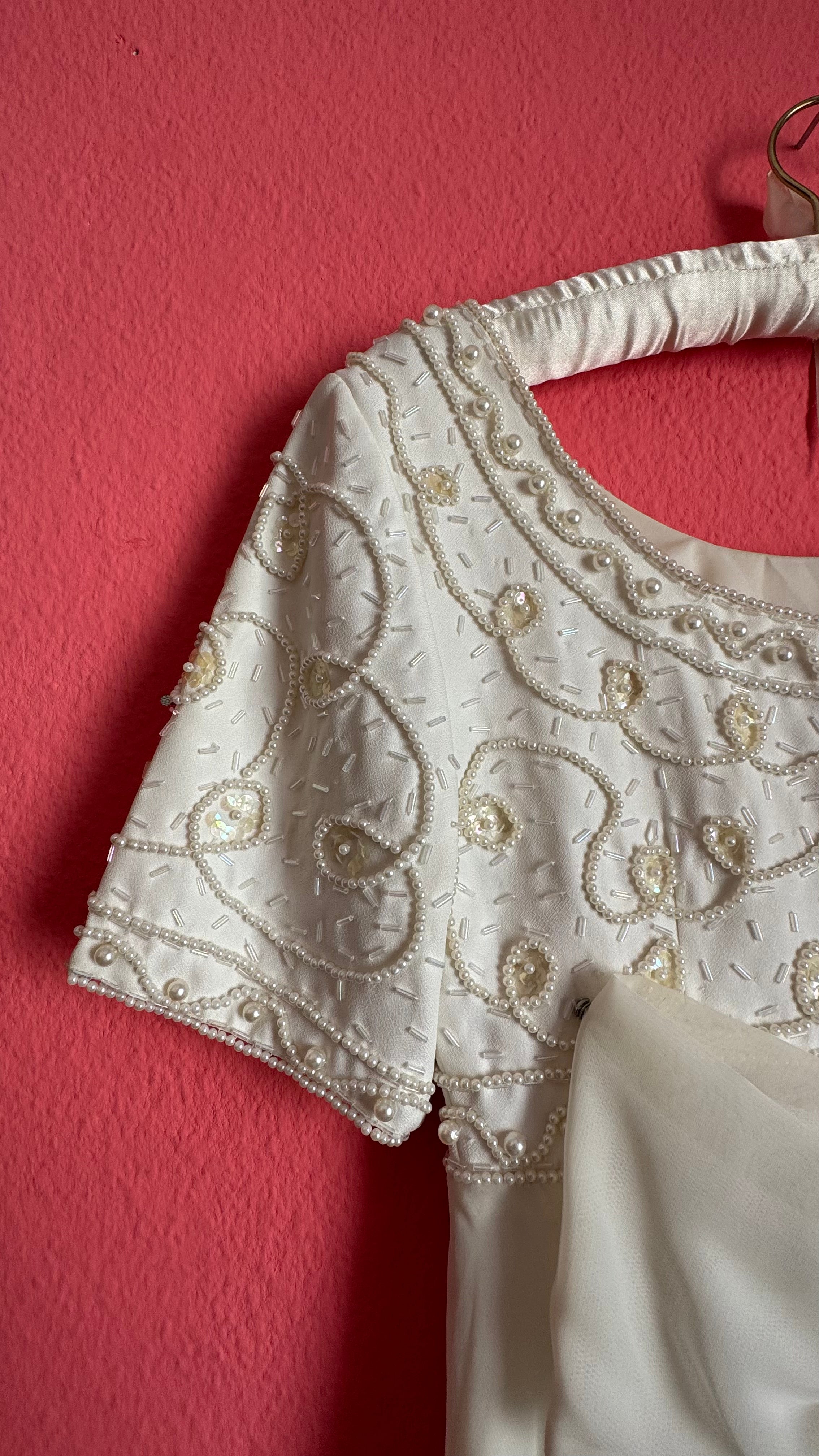 Vintage 1970s Ivory Bridal Dress With Beaded Bodice And Bow Back