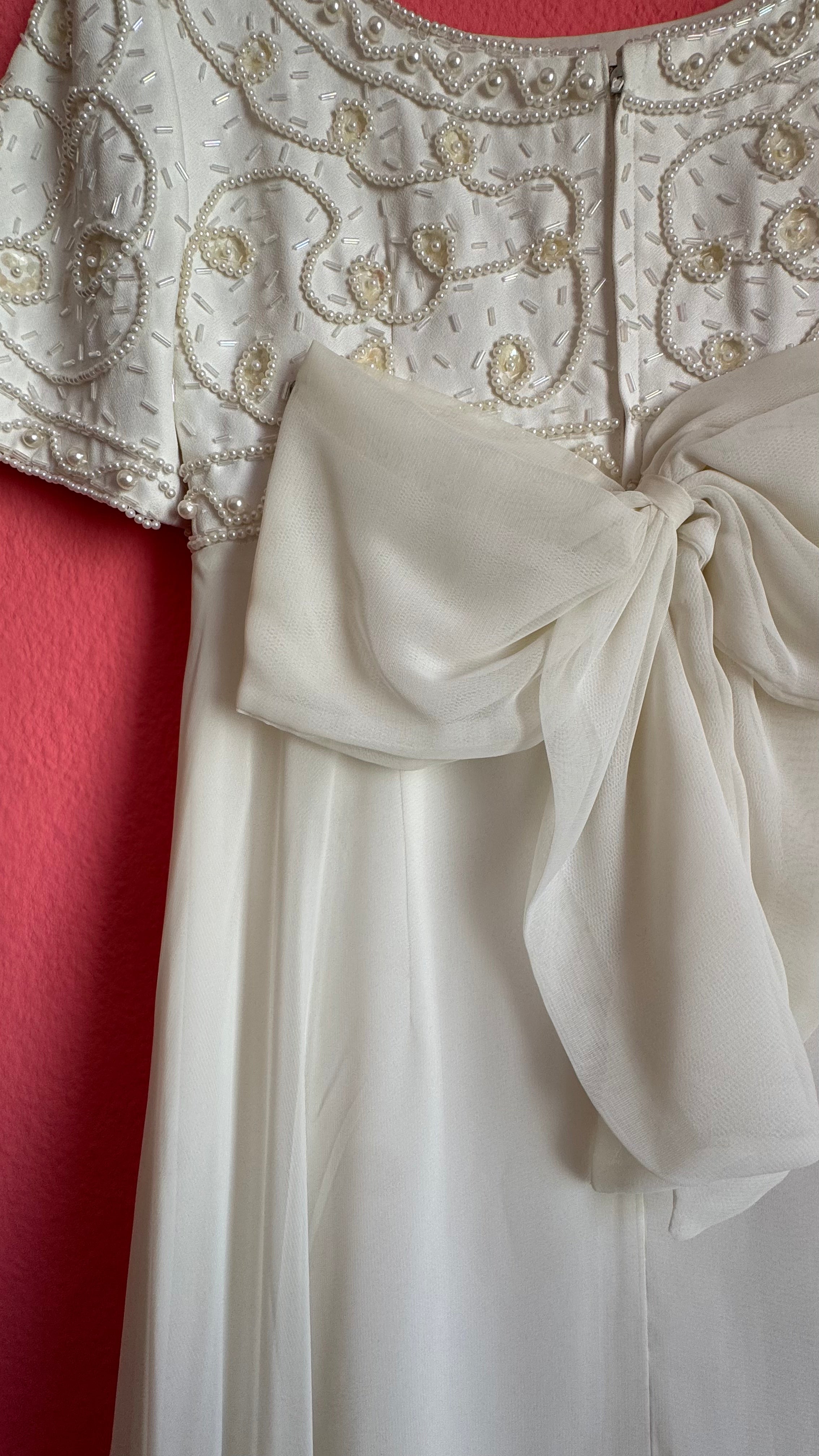 Vintage 1970s Ivory Bridal Dress With Beaded Bodice And Bow Back