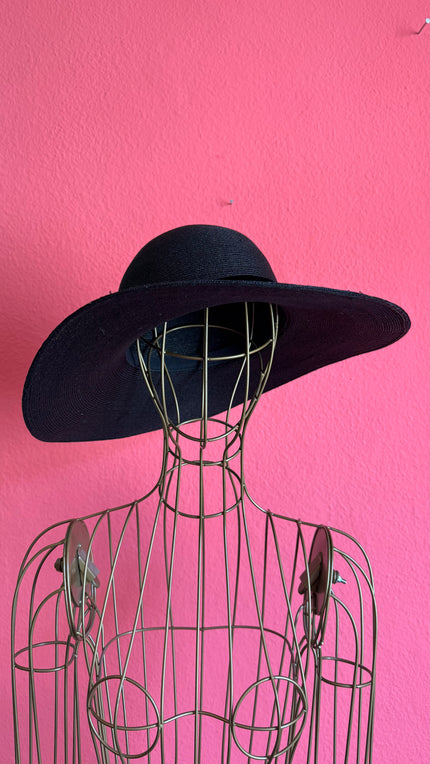 Vintage 1990s Black Wide Brim Straw Hat With Velvet Bow