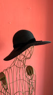 Vintage 1990s Black Wide Brim Straw Hat With Velvet Bow