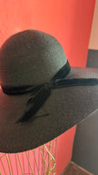 Vintage 1990s Black Wide Brim Straw Hat With Velvet Bow