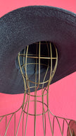 Vintage 1990s Black Wide Brim Straw Hat With Velvet Bow