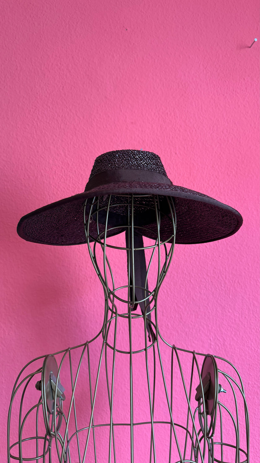 Vintage 1940s Black Straw Sun Hat With Ribbon Bow