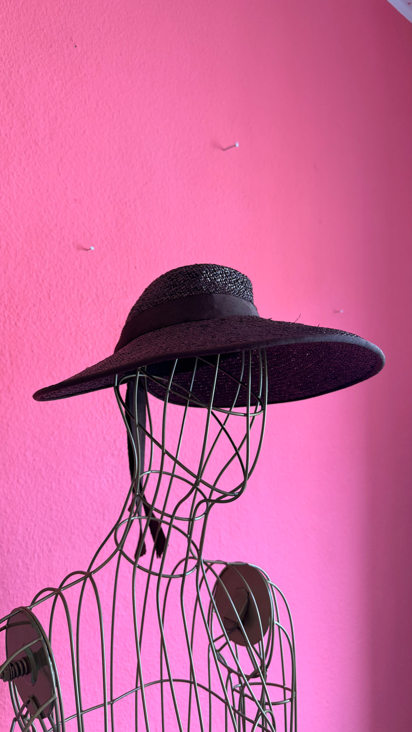 Vintage 1940s Black Straw Sun Hat With Ribbon Bow