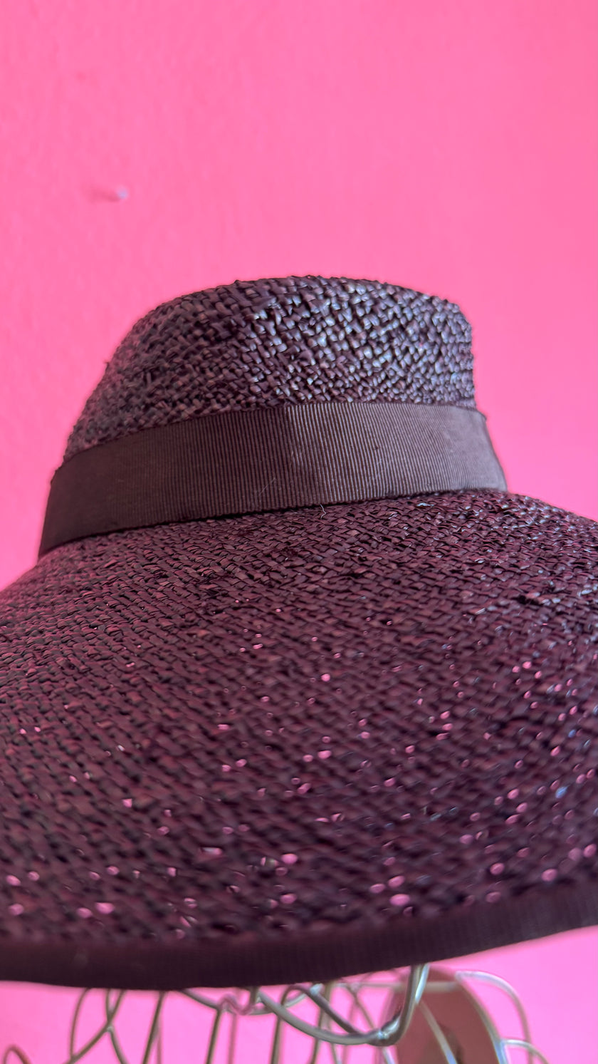 Vintage 1940s Black Straw Sun Hat With Ribbon Bow