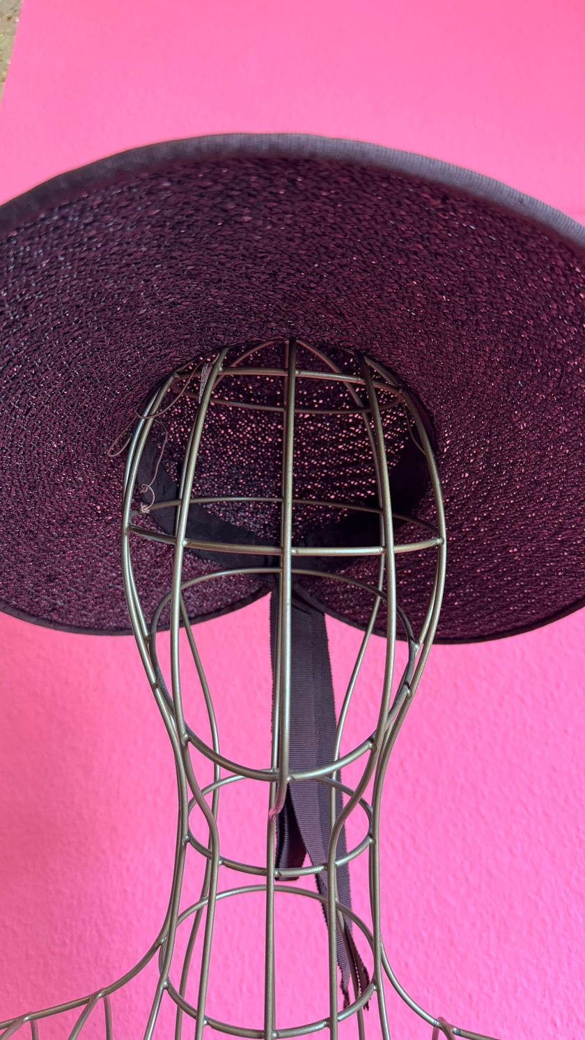 Vintage 1940s Black Straw Sun Hat With Ribbon Bow