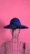 Vintage 1950s Navy Blue Straw Hat With Ribbon Bow