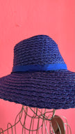 Vintage 1950s Navy Blue Straw Hat With Ribbon Bow