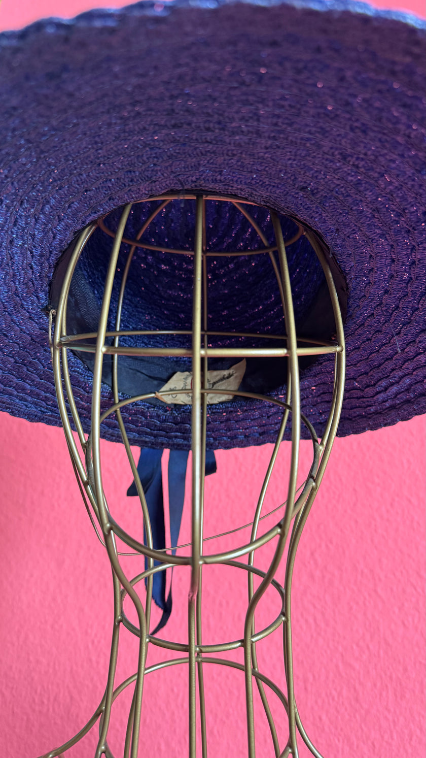Vintage 1950s Navy Blue Straw Hat With Ribbon Bow