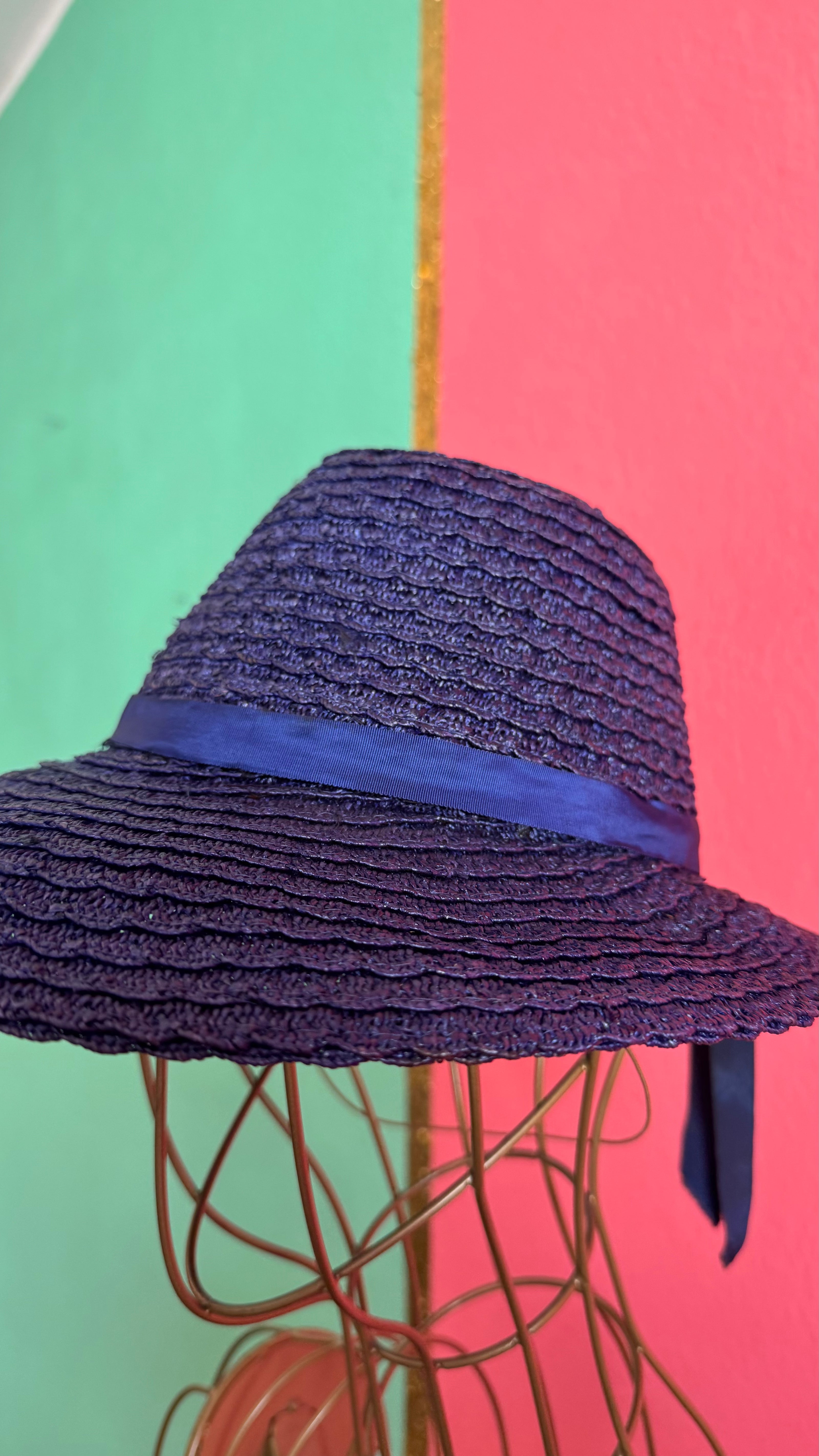 Vintage 1950s Navy Blue Straw Hat With Ribbon Bow