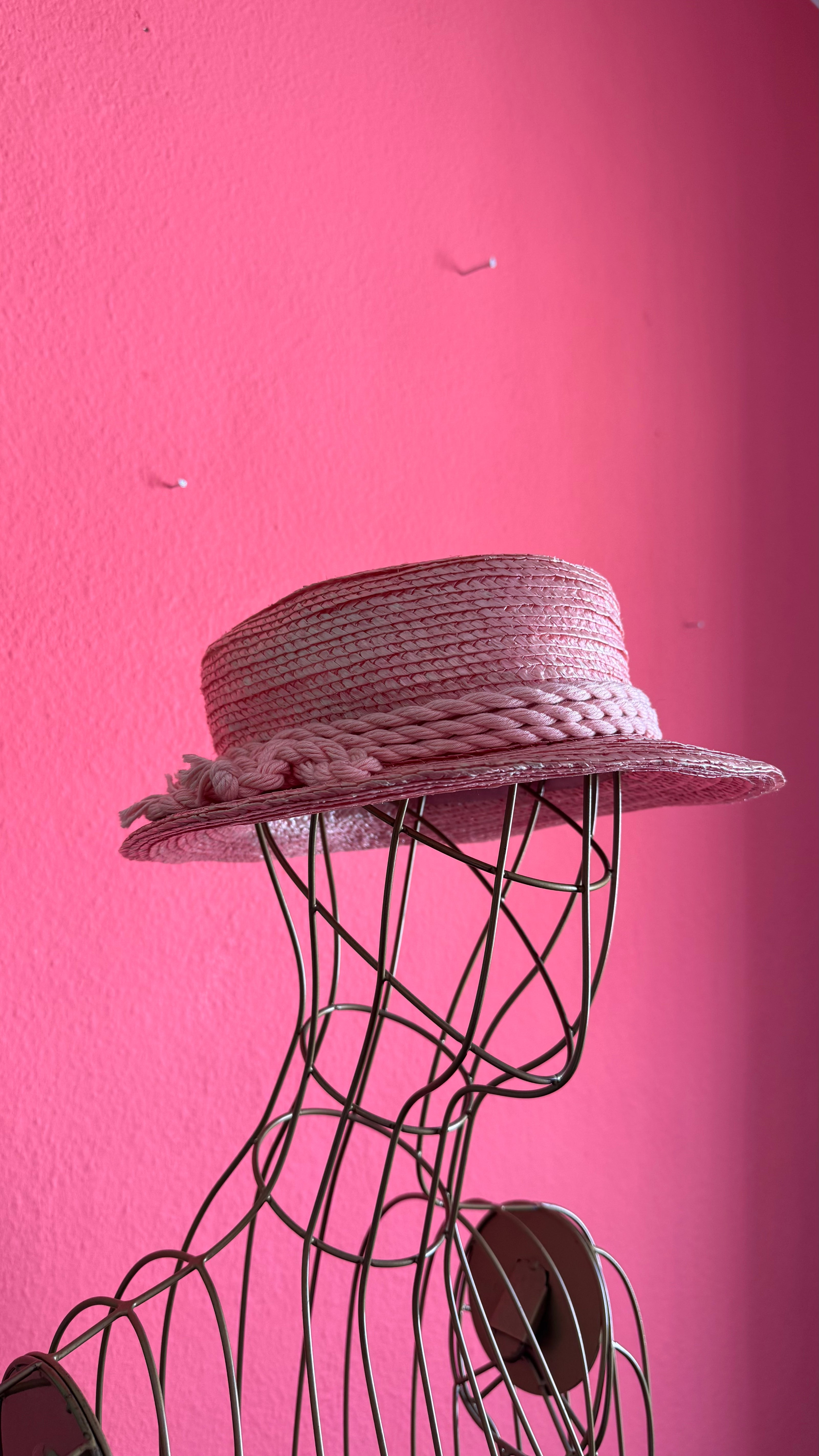 Vintage 1950s Pink Straw Hat With Floral Tassel Detail